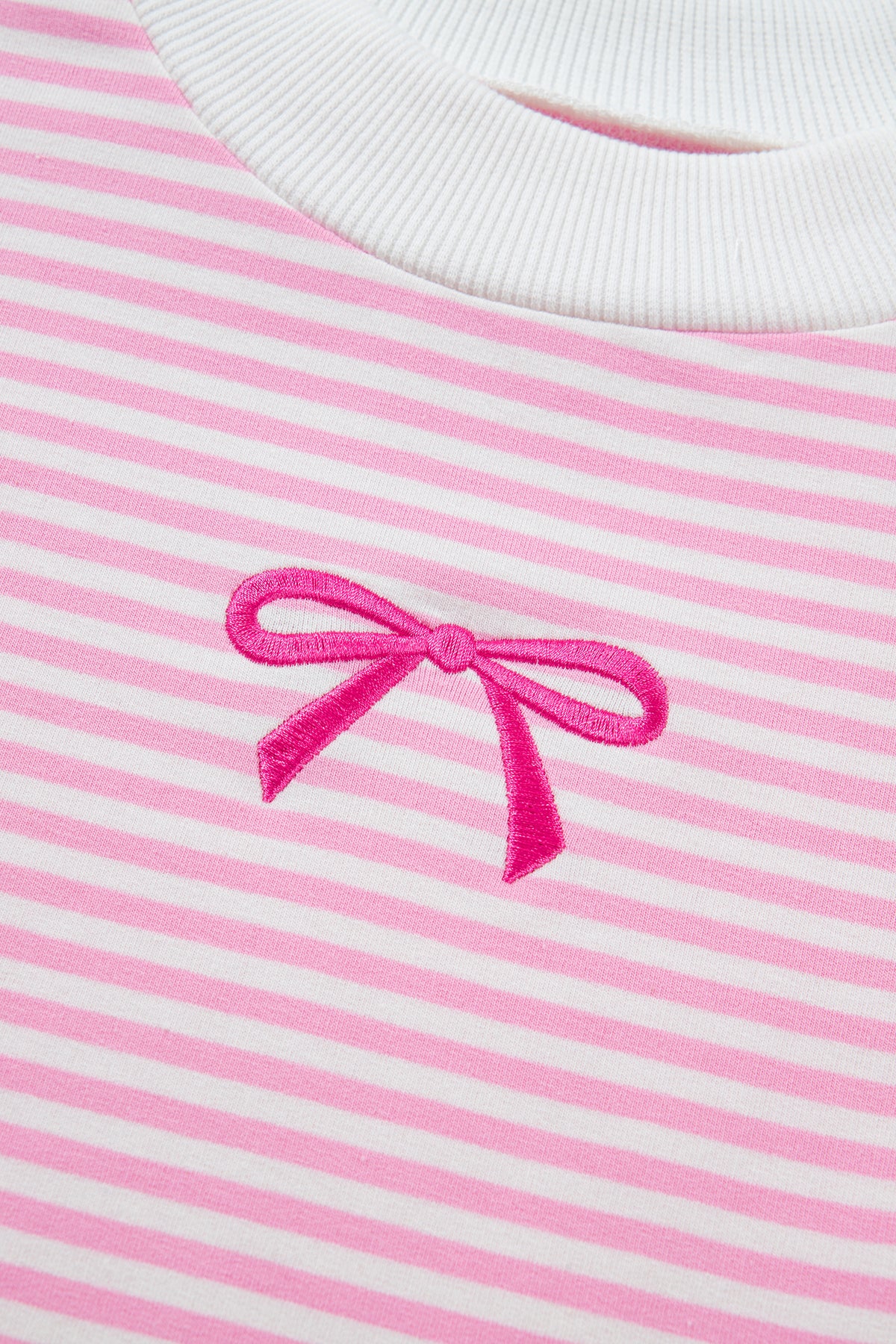 Pink Stripe Bow Embroidered Bow Contrast High Neck Baggy Sweatshirt