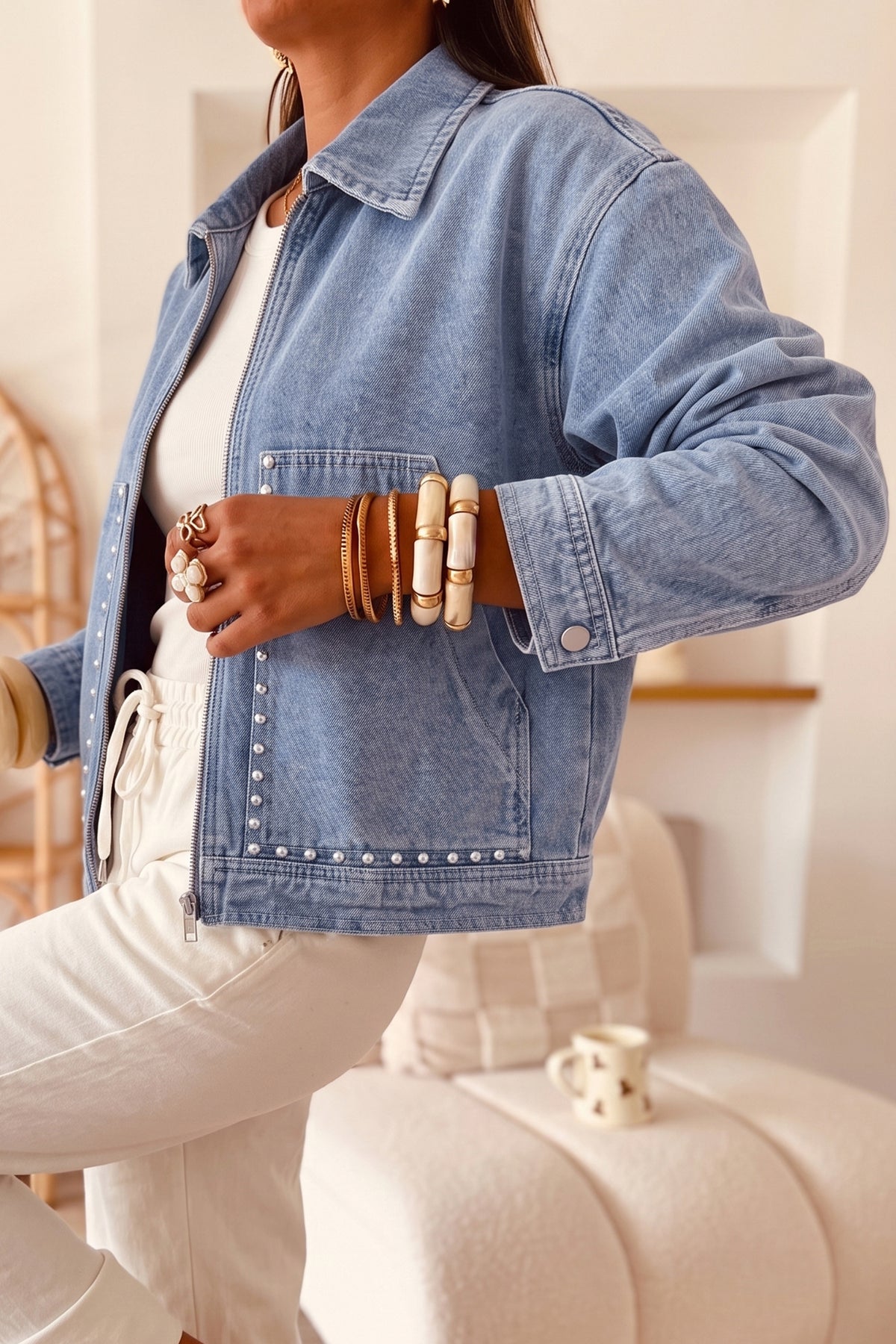 Coffee Studded Metal Zipper Rivet Pockets Long Sleeve Denim Jacket