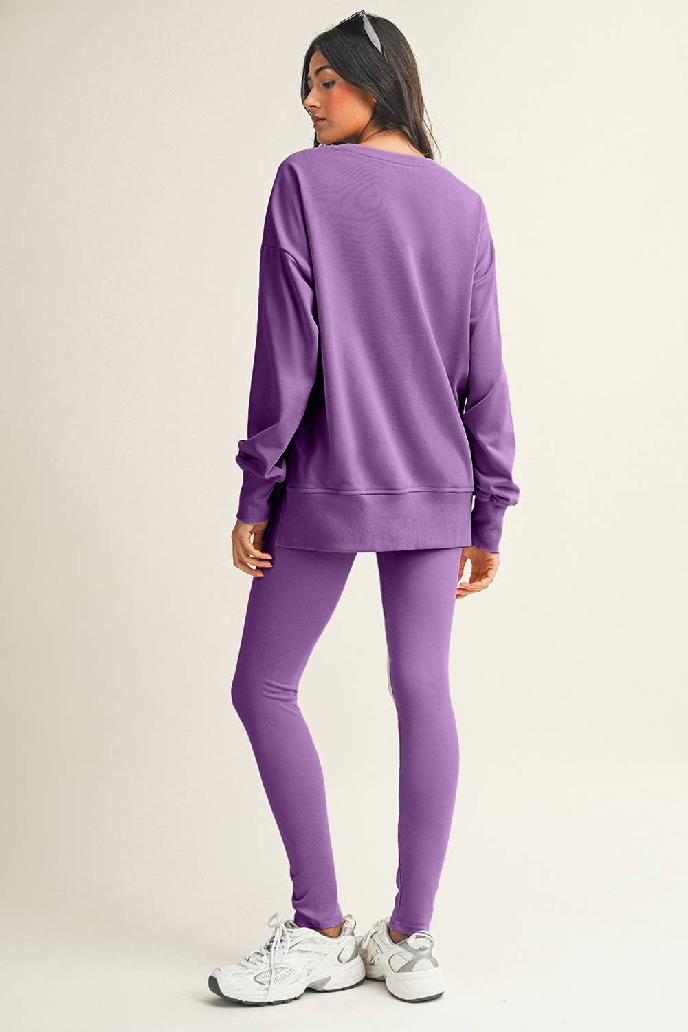 LDC Solid Color Slit Sweatshirt Ribbed Leggings 2pcs Set: Orchid Mist / XL