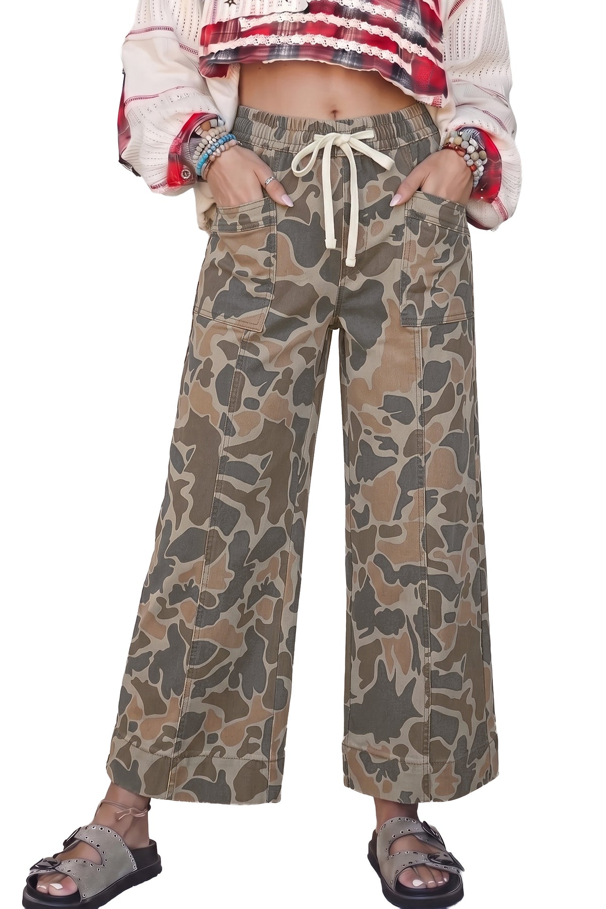 Multicolour Camouflage Print Drawstring Waist Pocket Shift Jeans