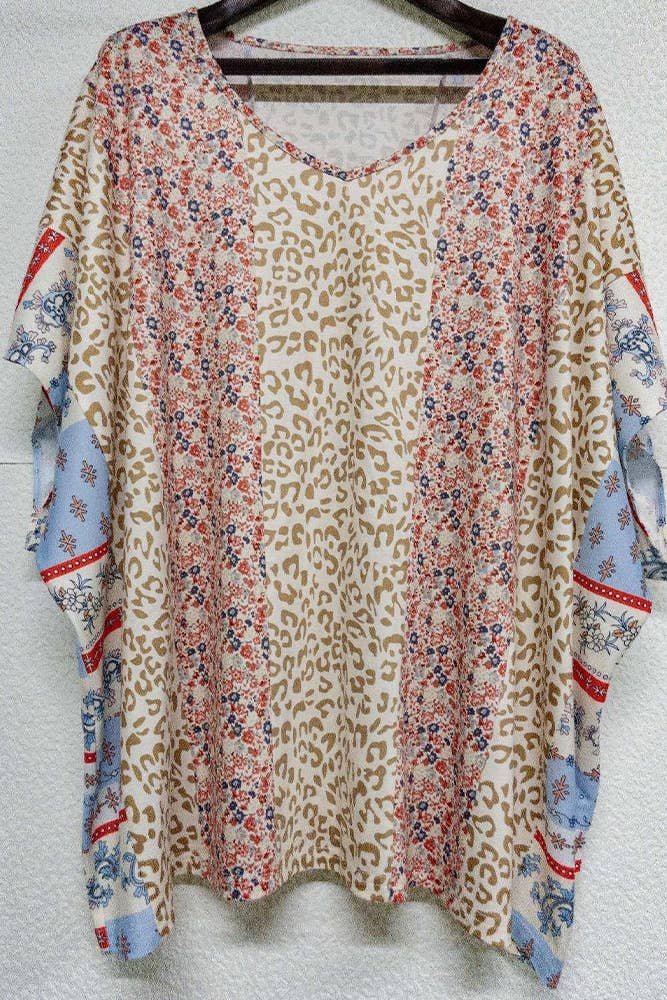 Color Block Leopard Floral Bat Wing Sleeves Blouse BBSP035: Pink / 3XL
