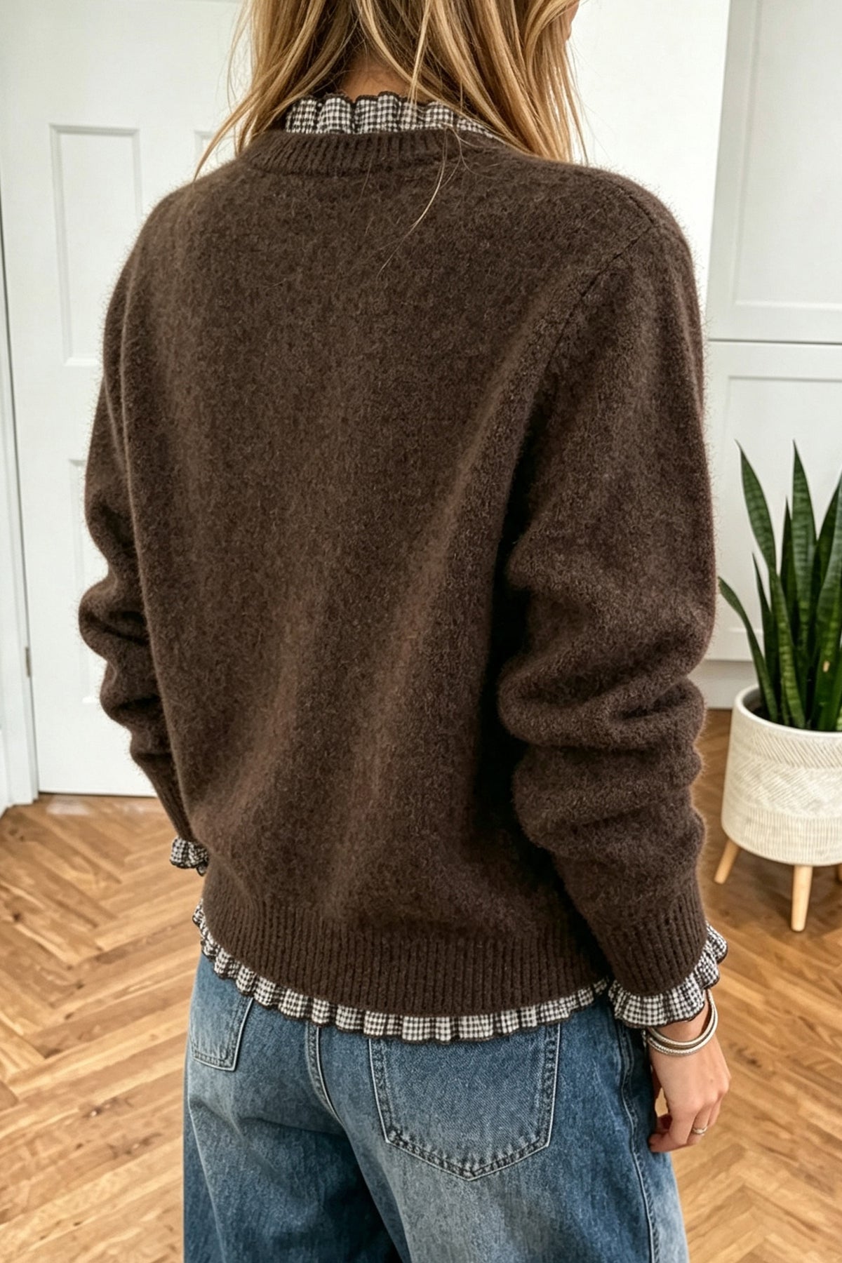 Light French Beige Contrast Plaid Ruffle Trim Pullover Sweater
