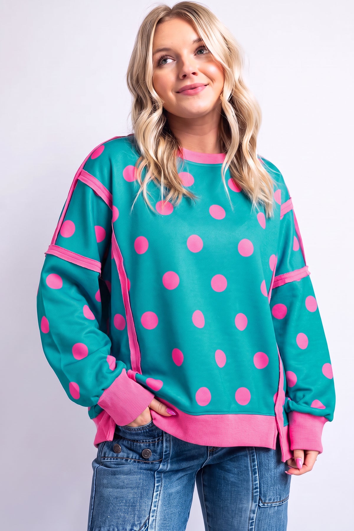 Yellow Polka Dot Contrast Patchwork Round Neck Baggy Sweatshirt