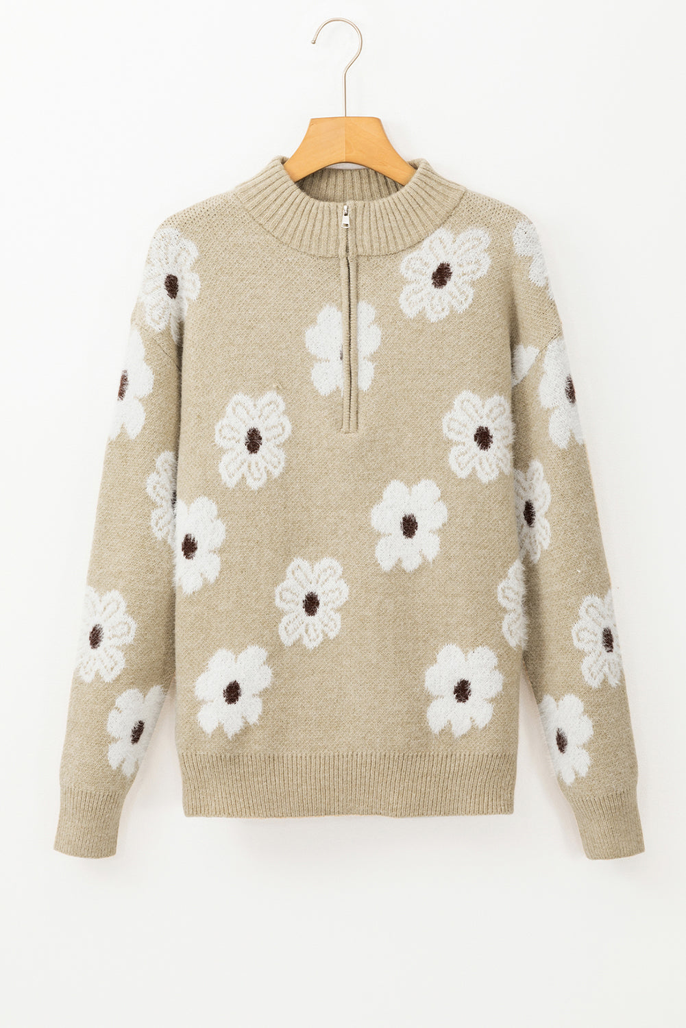 Green Floral Pattern Half Zip Drop Shoulder Sweater