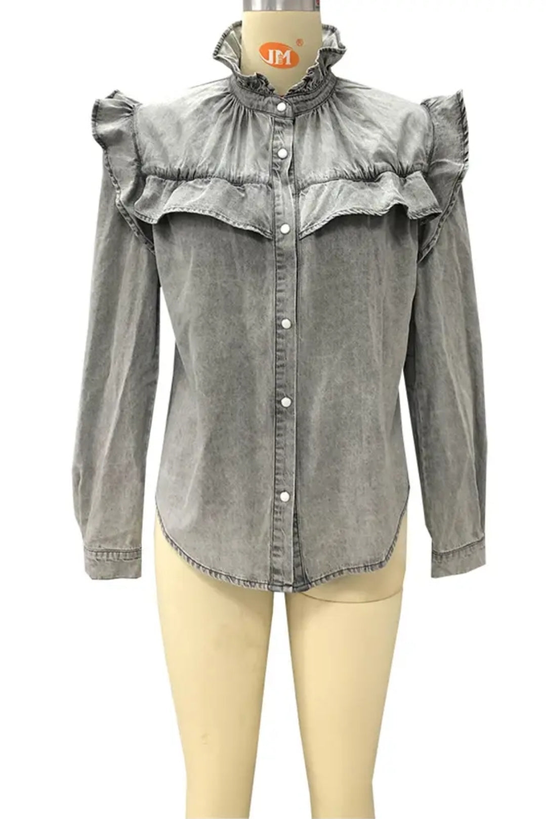 Ruffle Button Closure Denim Blouse