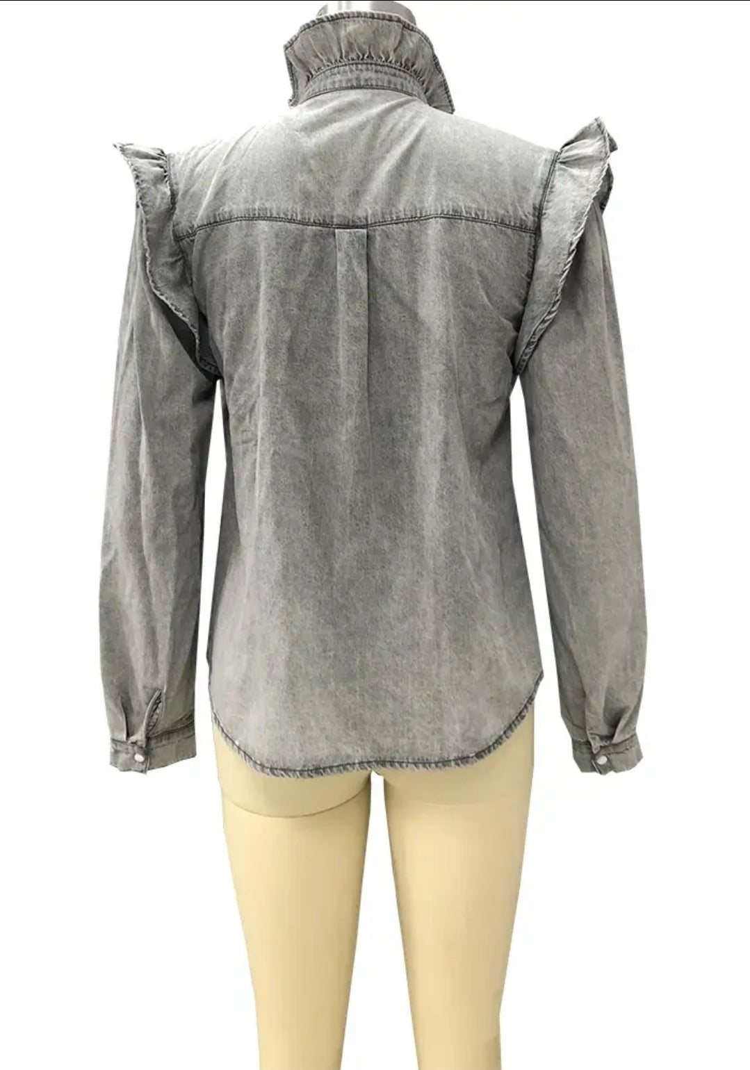 Ruffle Button Closure Denim Blouse