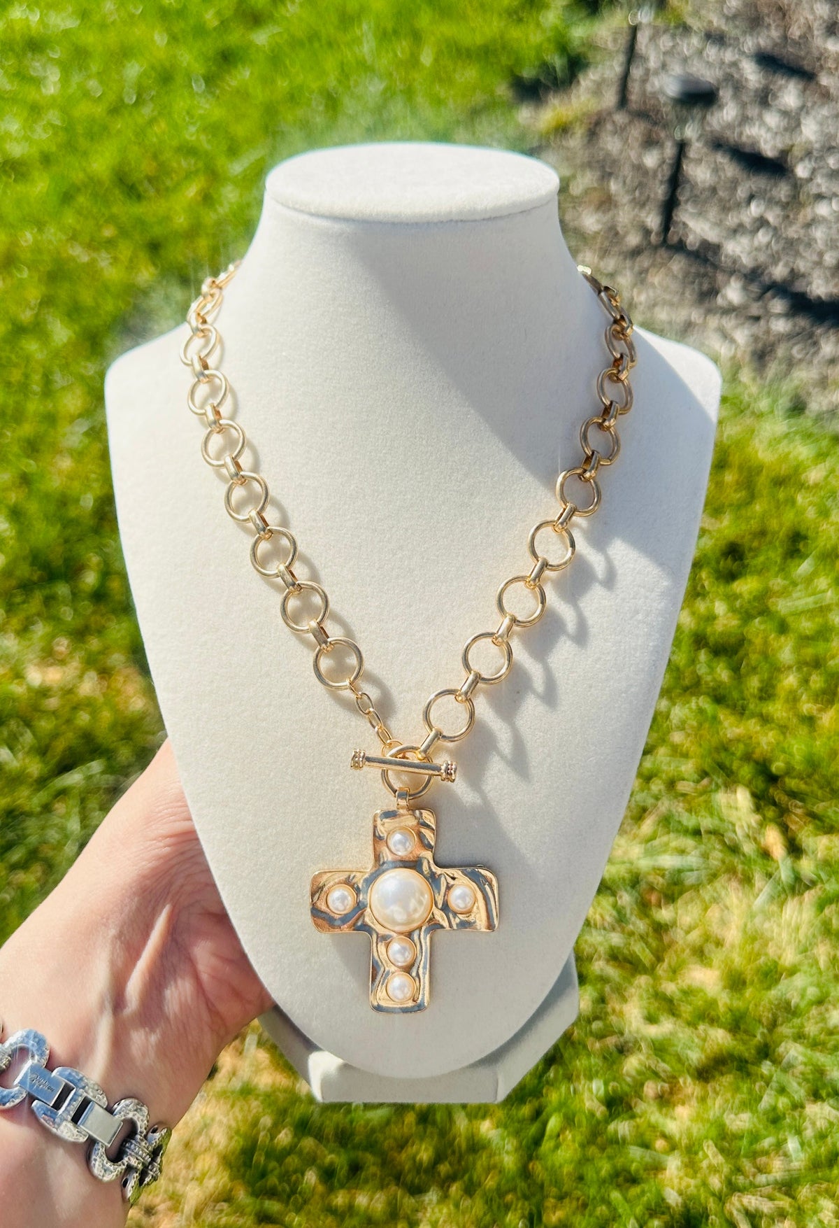 Divine Grace Waterproof Pearl Cross Necklace Gold