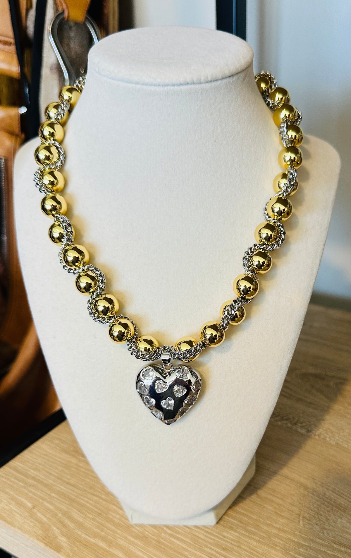 Golden Devotion Mixed Metal Heart Necklace- Silver Heart Combo