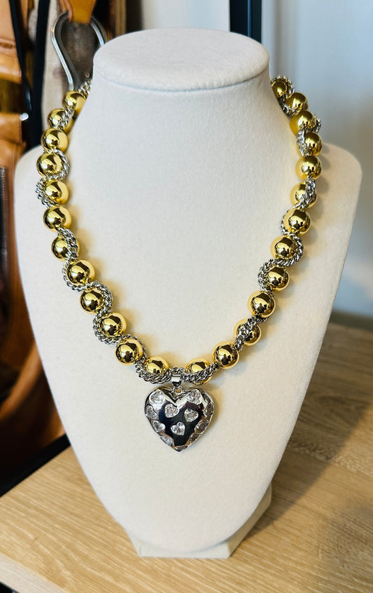 Golden Devotion Mixed Metal Heart Necklace- Silver Heart Combo