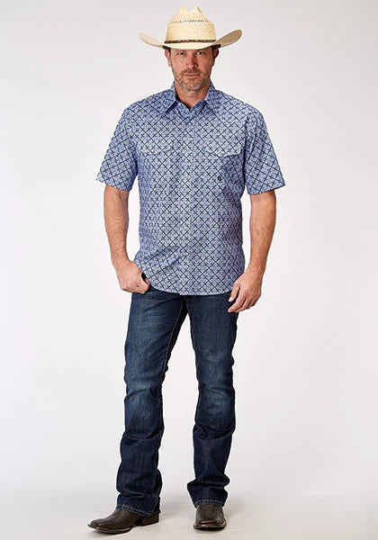 Roper 1932 Blue Skies Tie Print (Blue) - Men's Short Sleeve Shirt