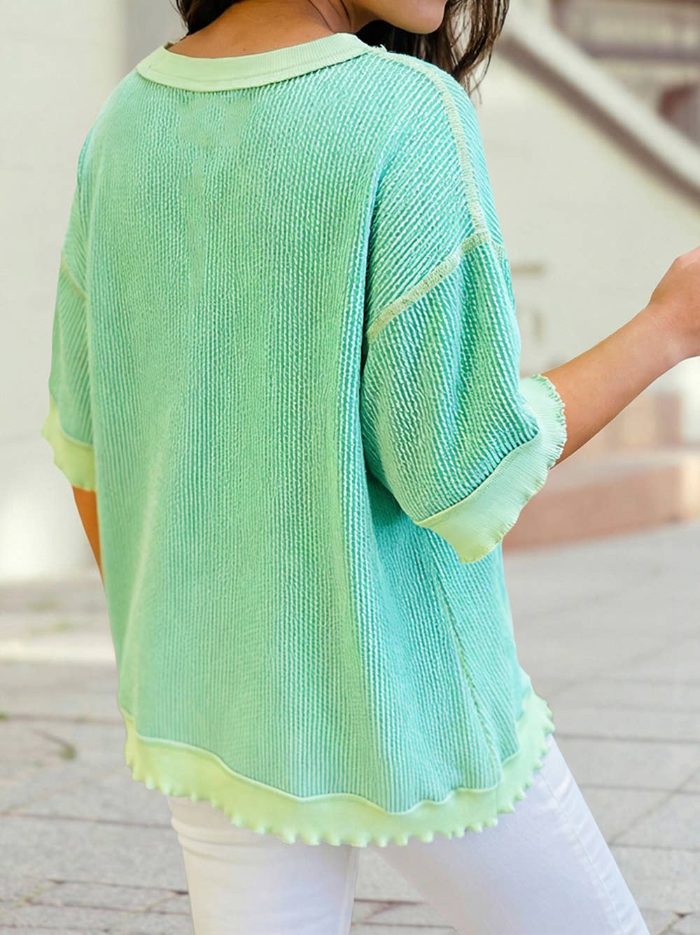 Loose Uneven Hem Twist Ribbed T Shirt: Mint Green / S