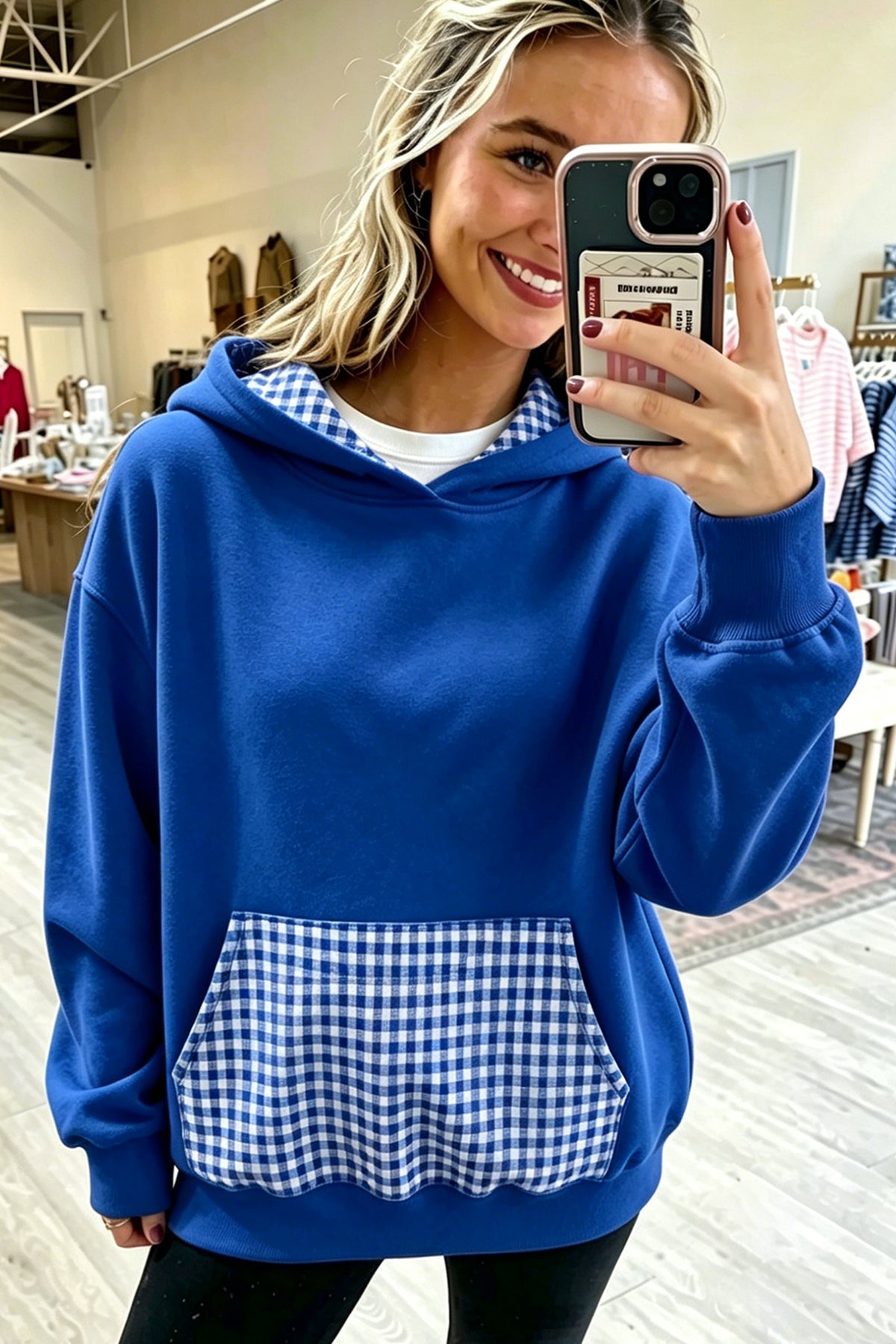 Racing Red Plaid Patchwork Front Pocket Casual Hoodie