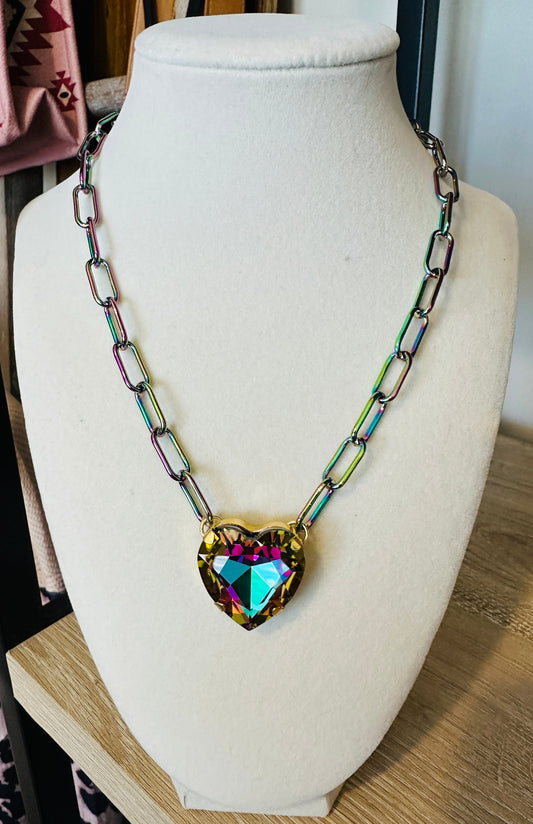 Iridescent Crystal Heart Paperclip Chain Necklace