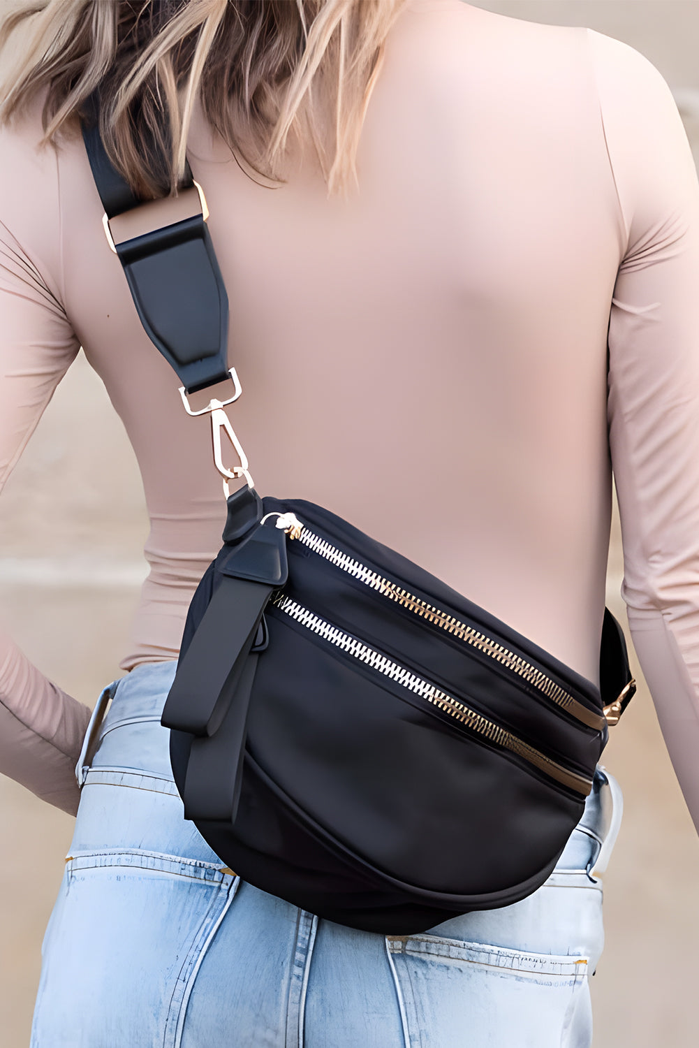 Light Blue Double Zip Crescent Shape Adjustable Sling Bag