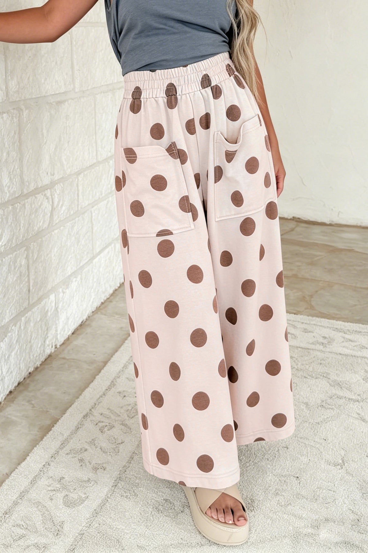 Burgundy Polka Dot Wide Leg Elastic Waist Casual Pants