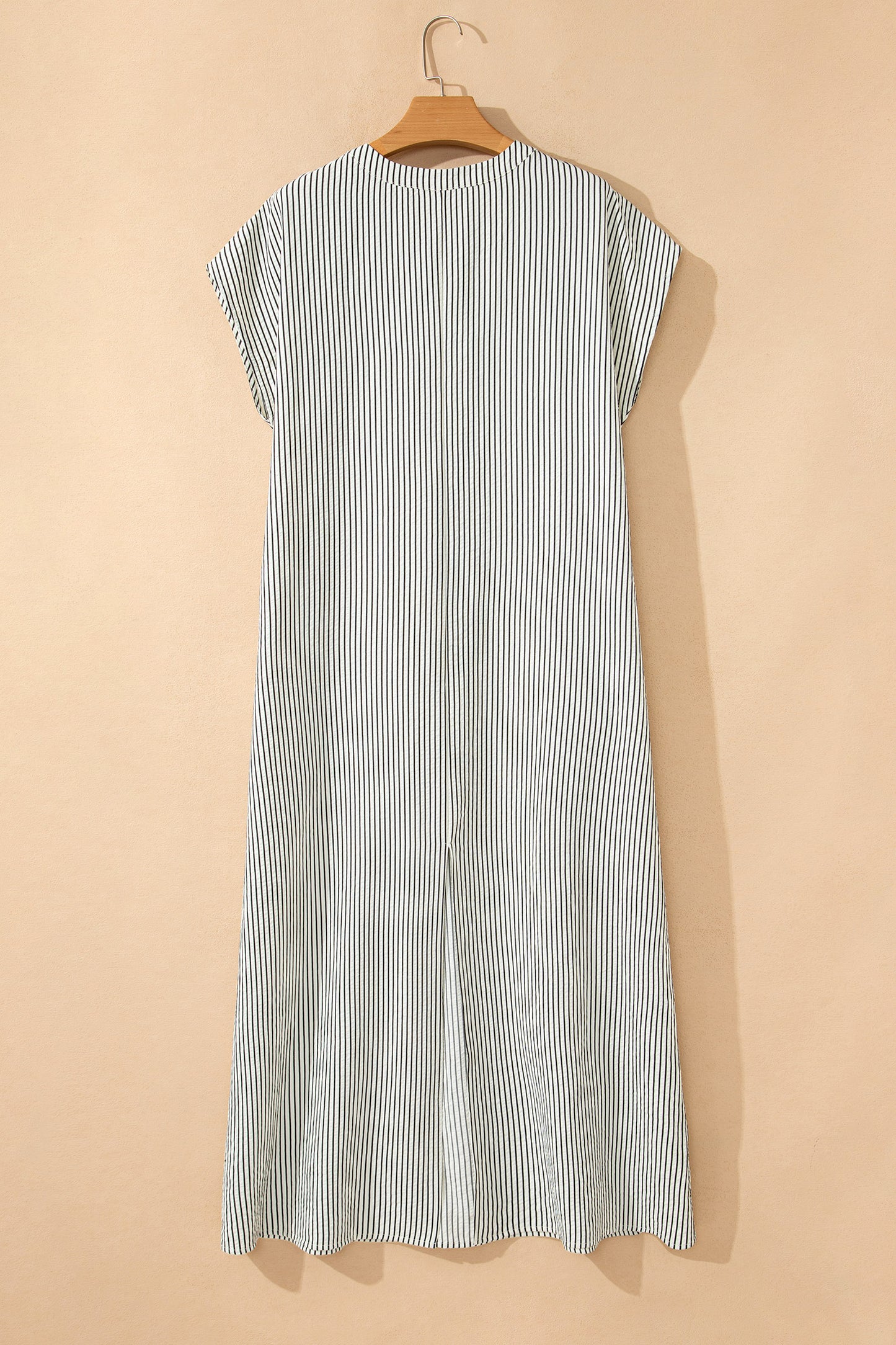 Black Stripe Frilled Detail Half Buttons Short Sleeve Long Dress