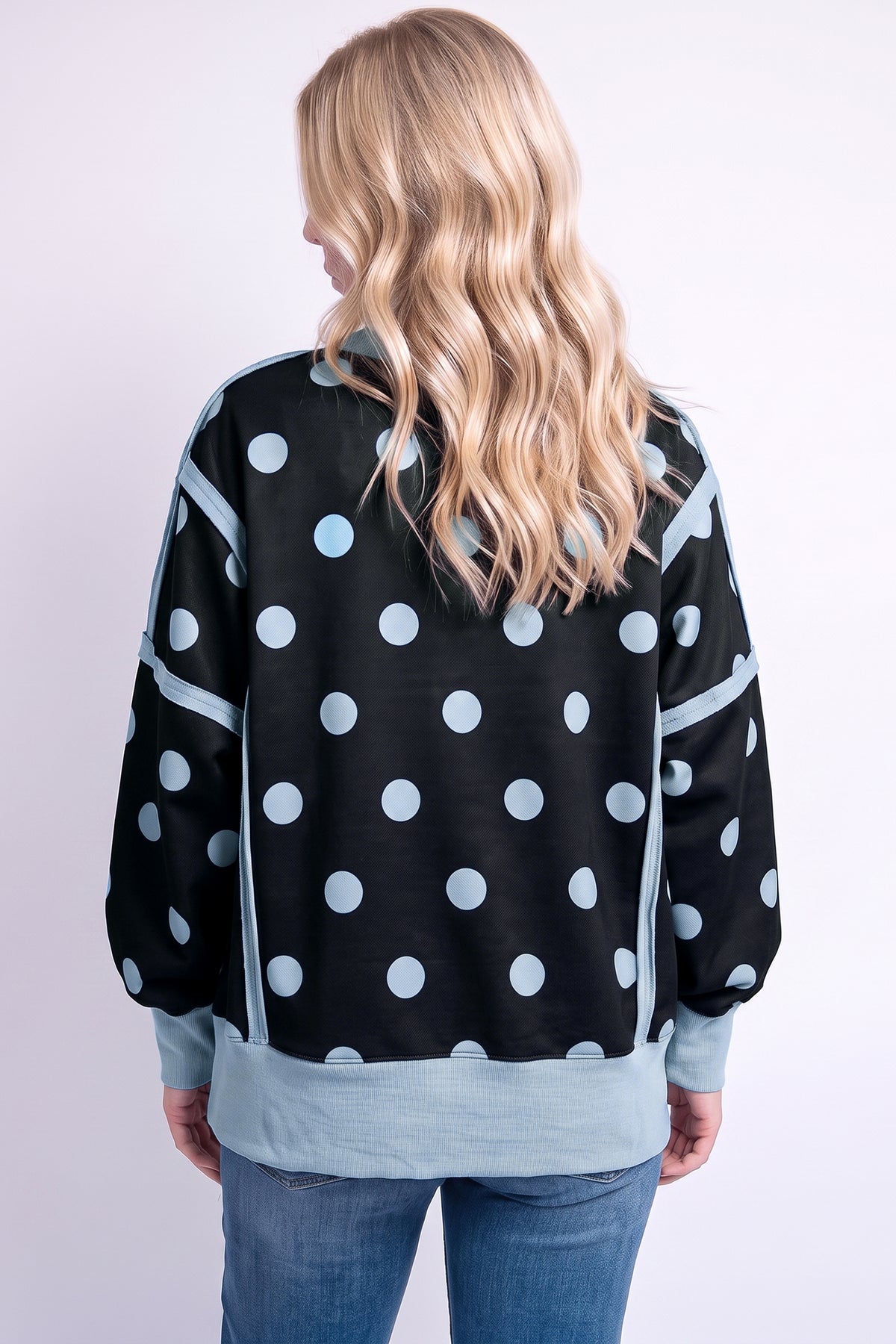 Yellow Polka Dot Contrast Patchwork Round Neck Baggy Sweatshirt