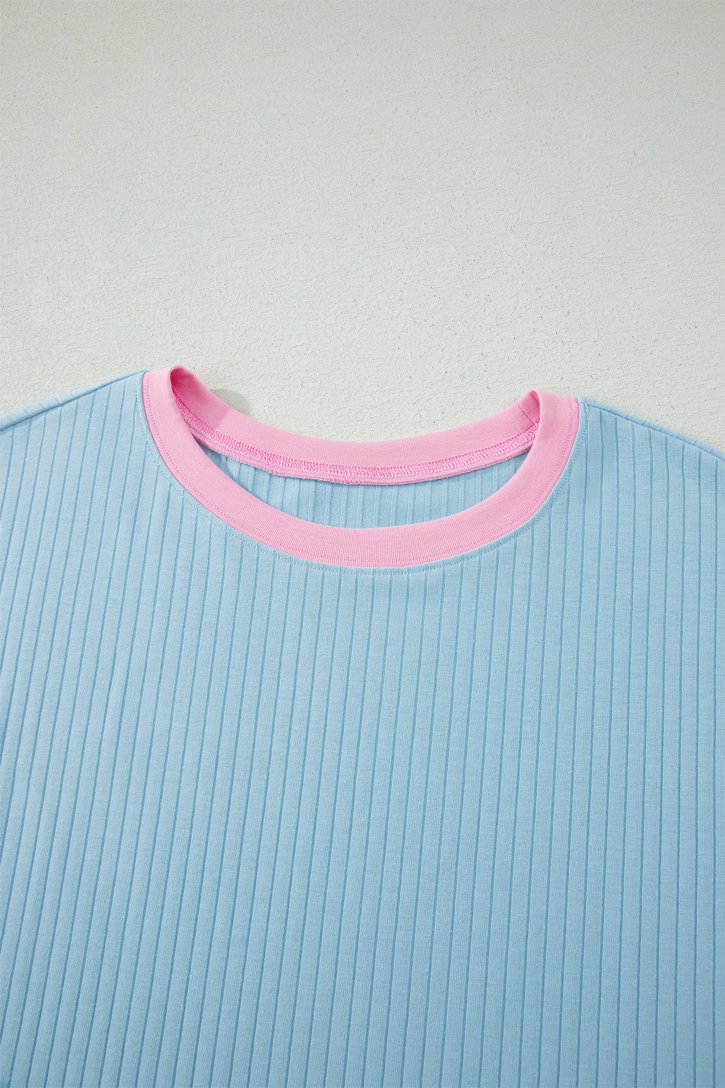 Mist Blue Soft Ribbed Color Block Trim Casual Short Set