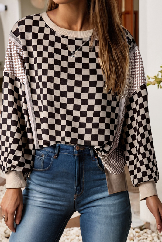 LDC Mixed Checkered Pattern Patchwork High Low Casual Top: Khaki / L