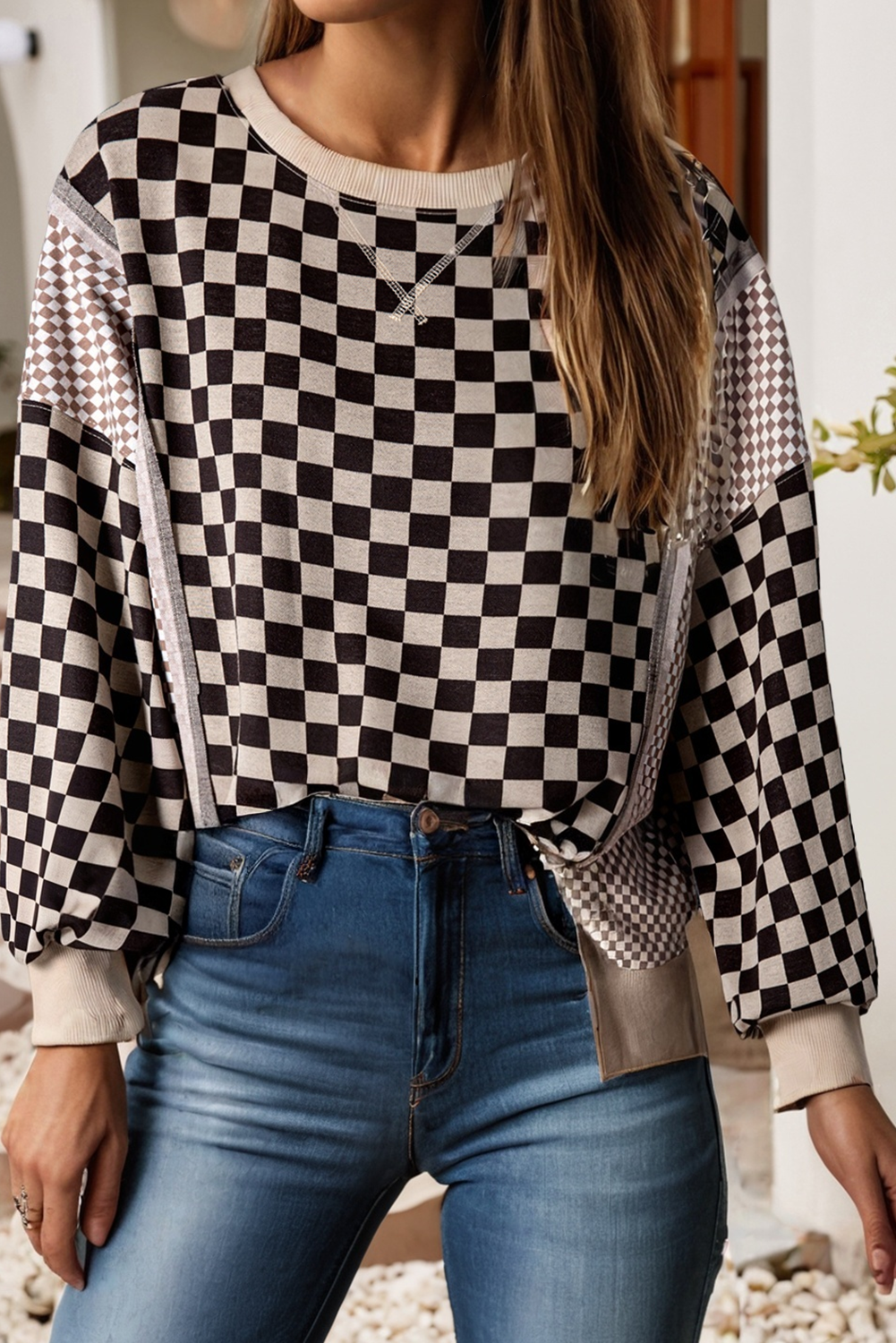 LDC Mixed Checkered Pattern Patchwork High Low Casual Top: Khaki / M