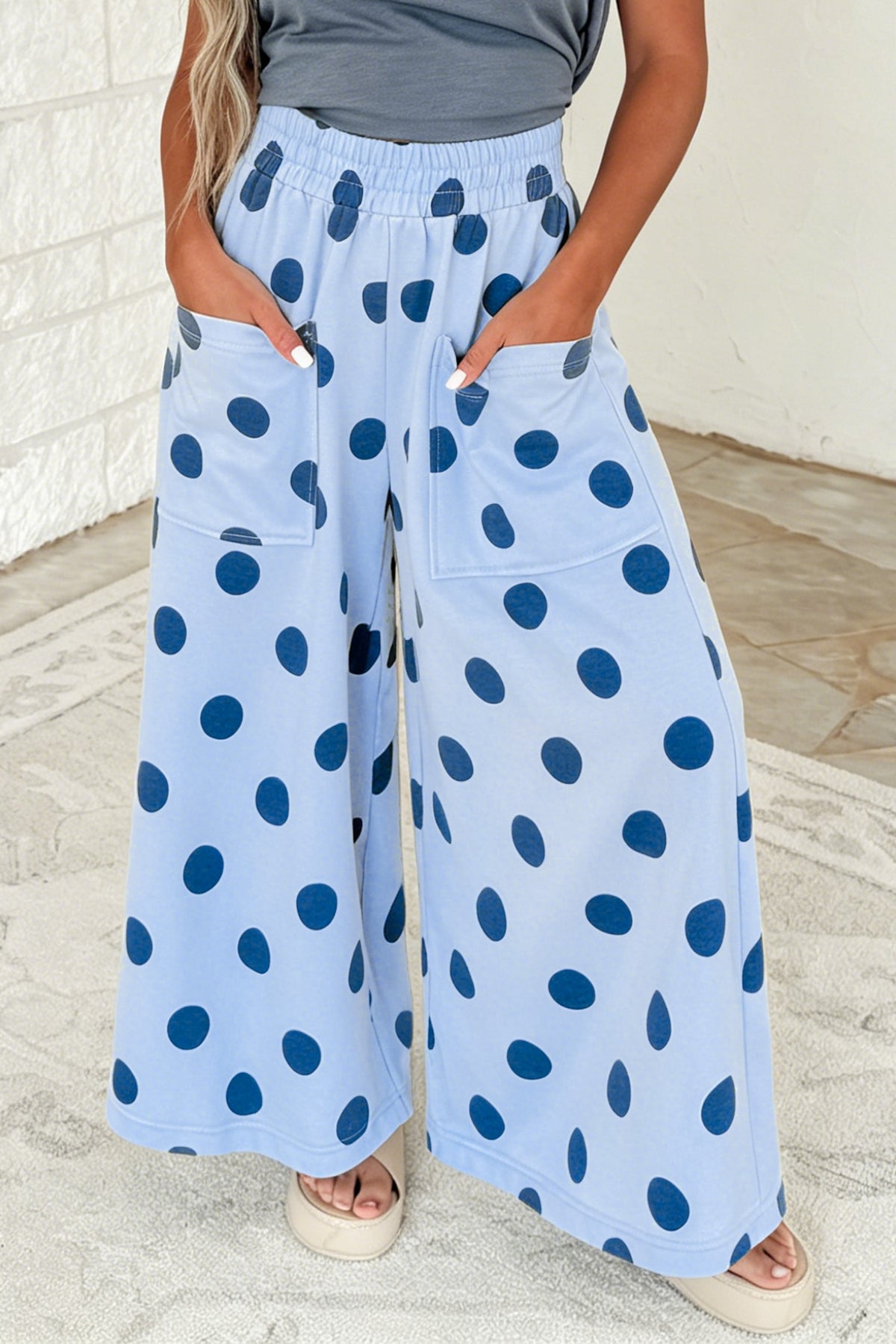 Burgundy Polka Dot Wide Leg Elastic Waist Casual Pants