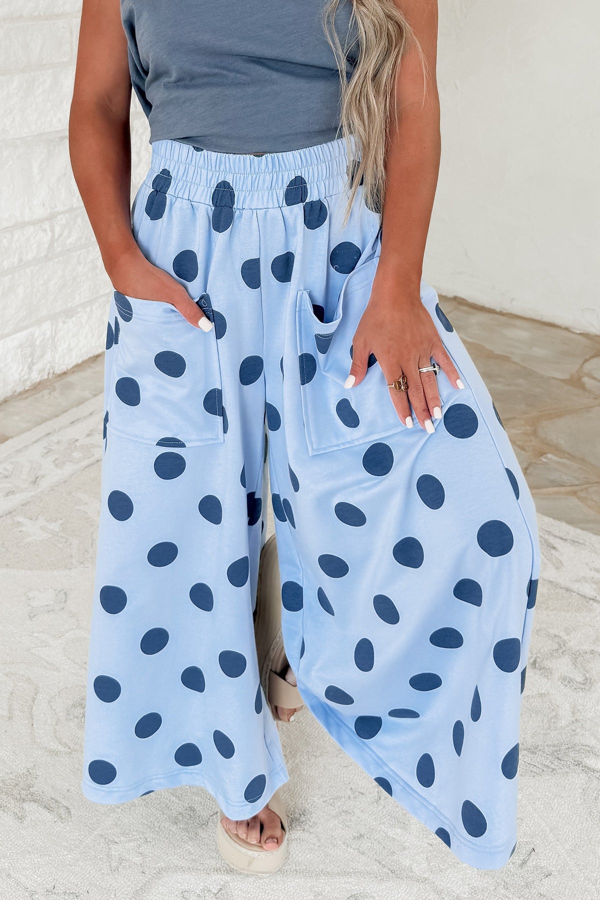 Burgundy Polka Dot Wide Leg Elastic Waist Casual Pants