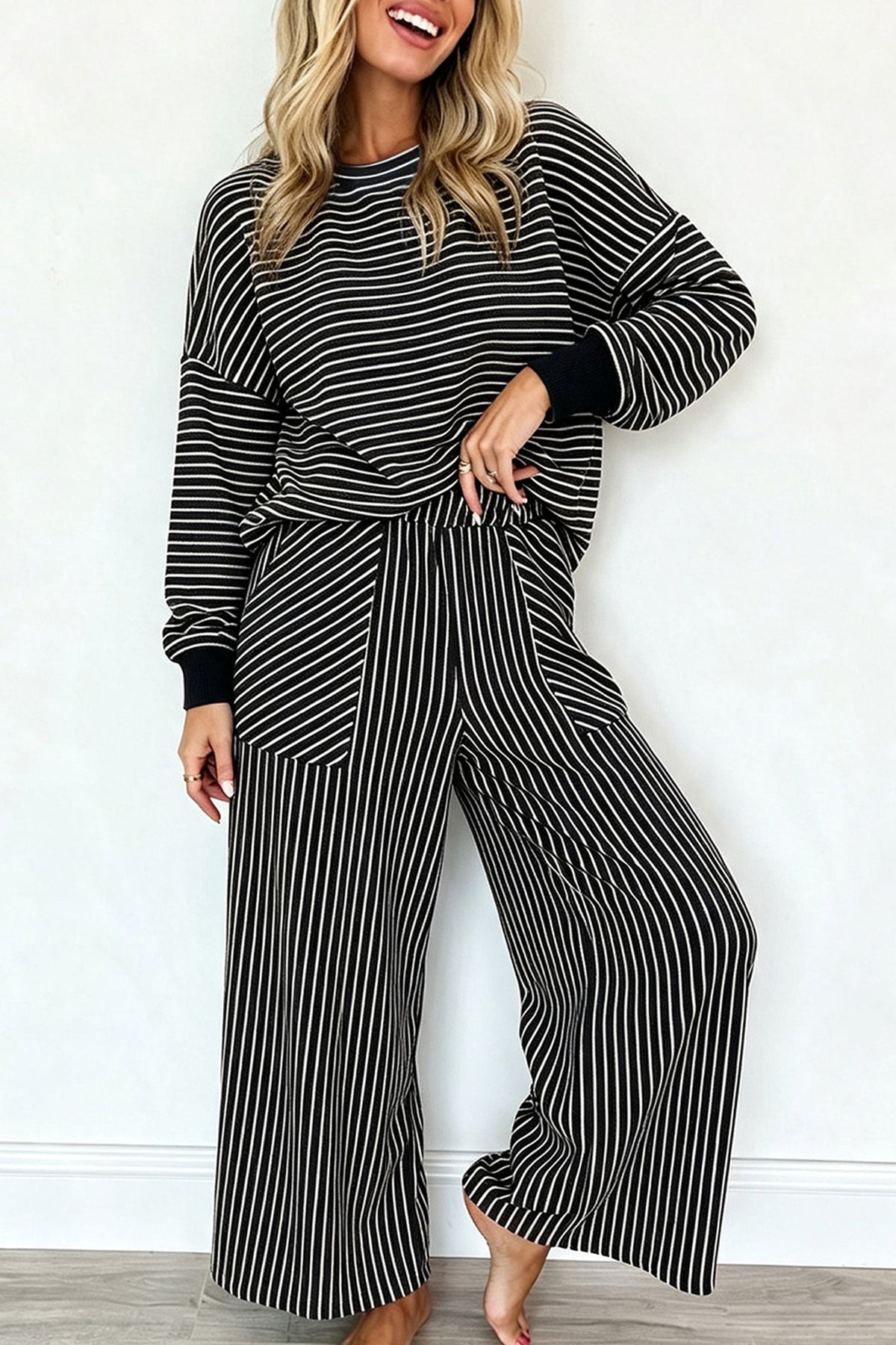 Brown Stripe Drop Shoulder Relaxed Pullover Casual Pants 2pcs Set