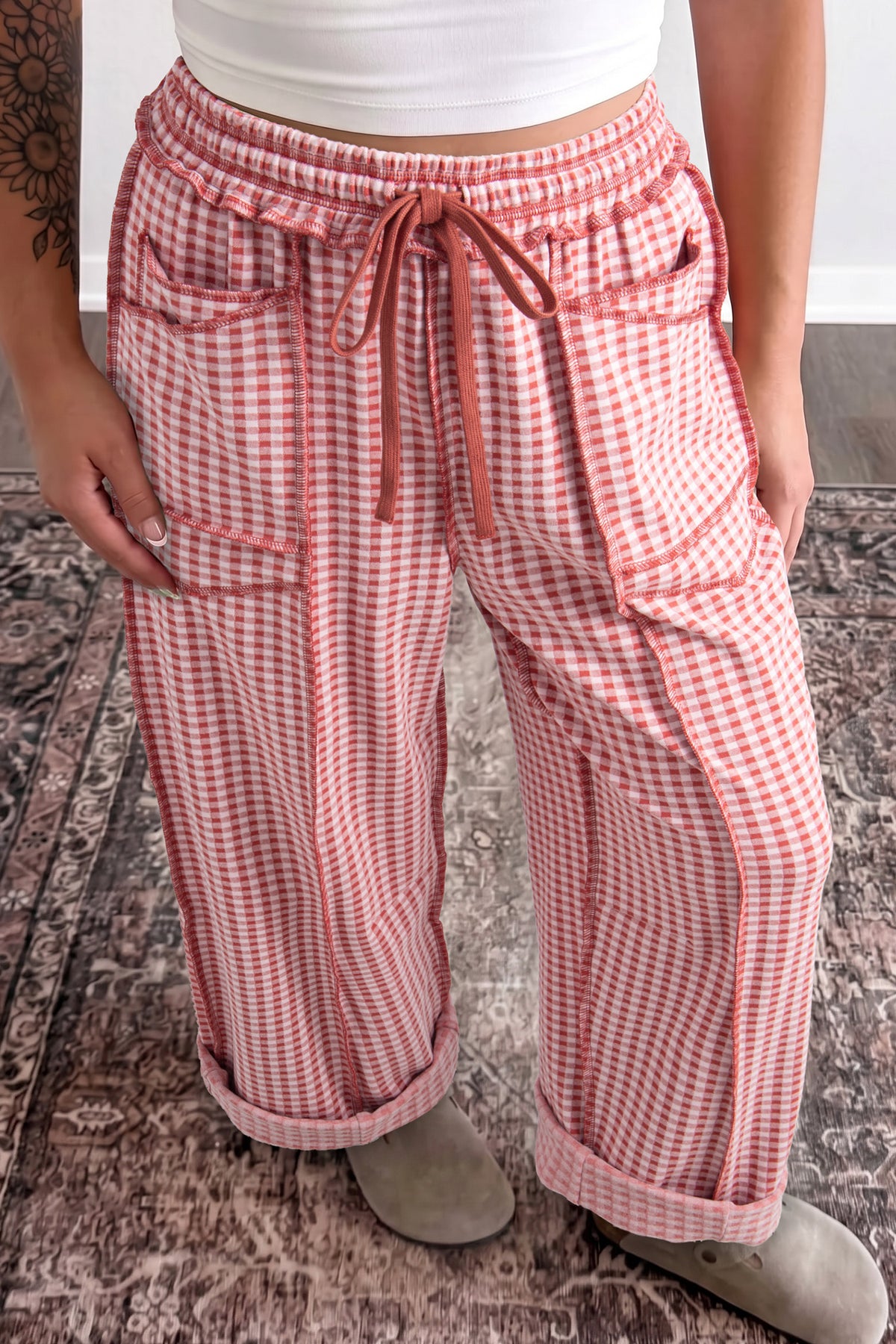 Brown Plaid Contrast Trim Drawstring Elastic Waist Shift Pants