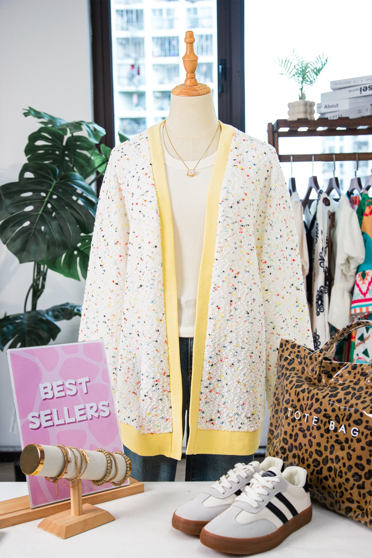 White Abstract Confetti Pattern Color Block Ribbed Cuffs Casual Cardigan