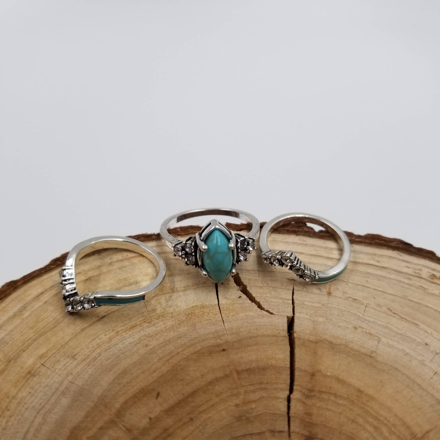 Silver Vintage Turquoise & Diamond Ring Set Of 3: 5