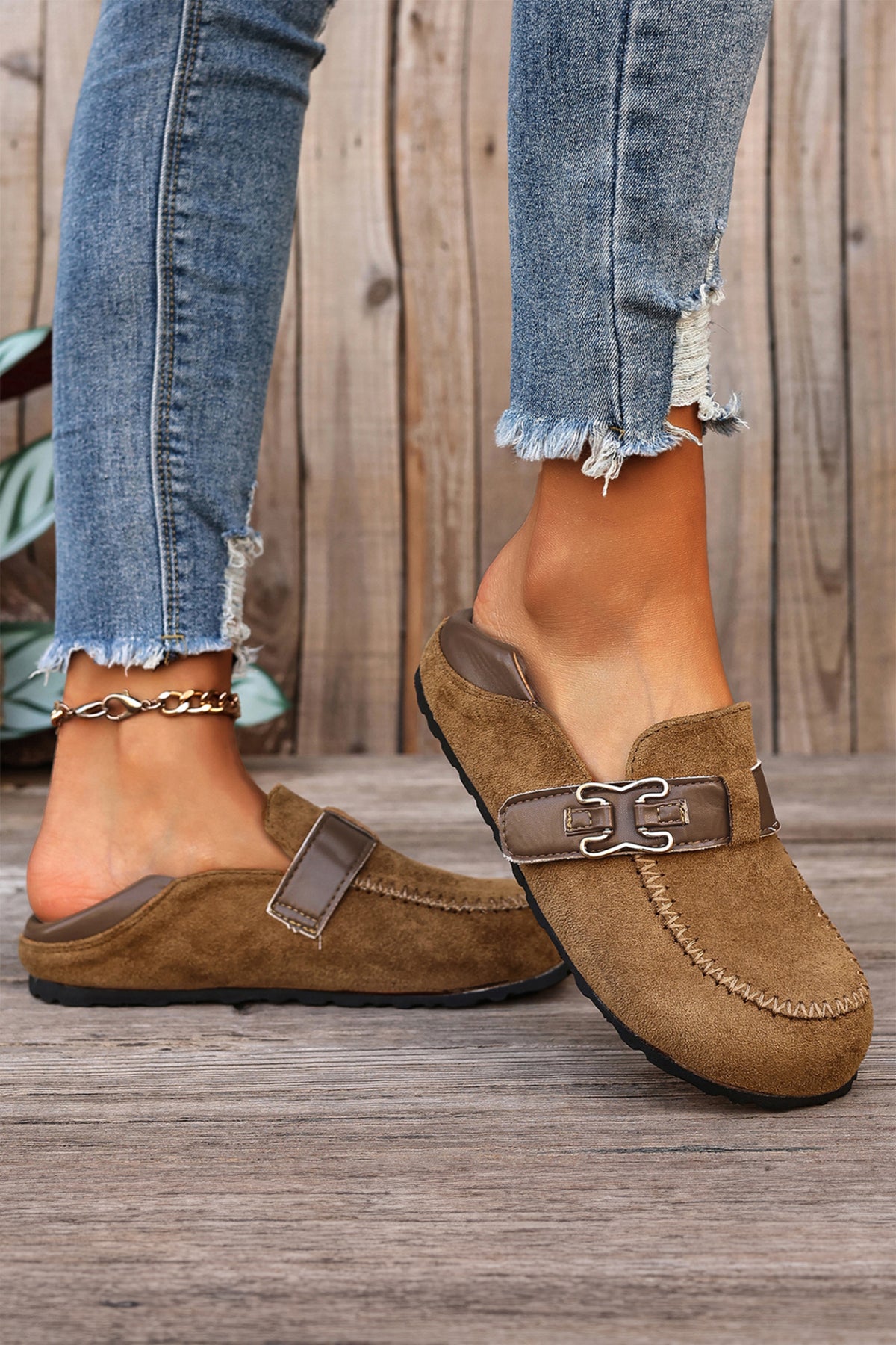 Khaki Faux Suede PU Leather Patchwork Retro Buckle Slip On Shoes