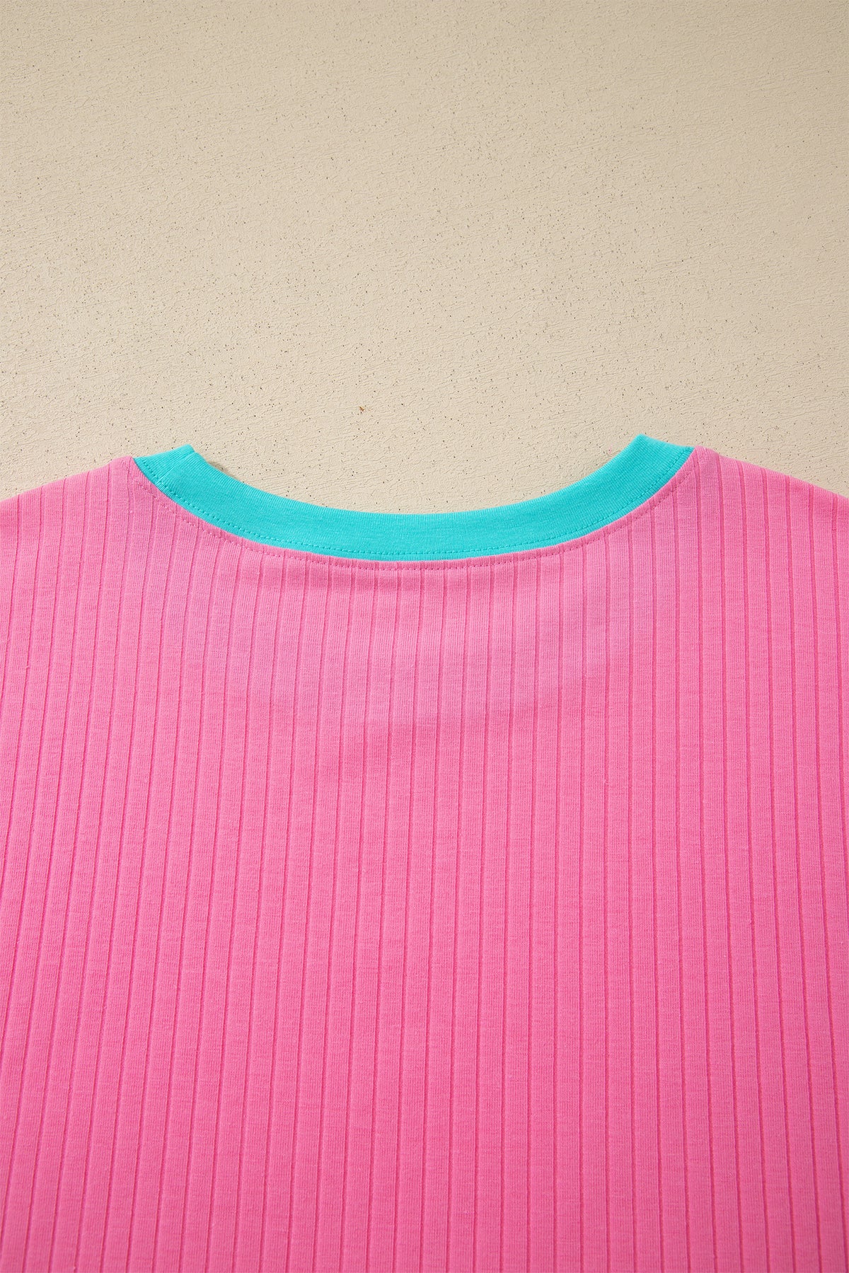 Sachet Pink Soft Ribbed Color Block Trim Casual Short Set