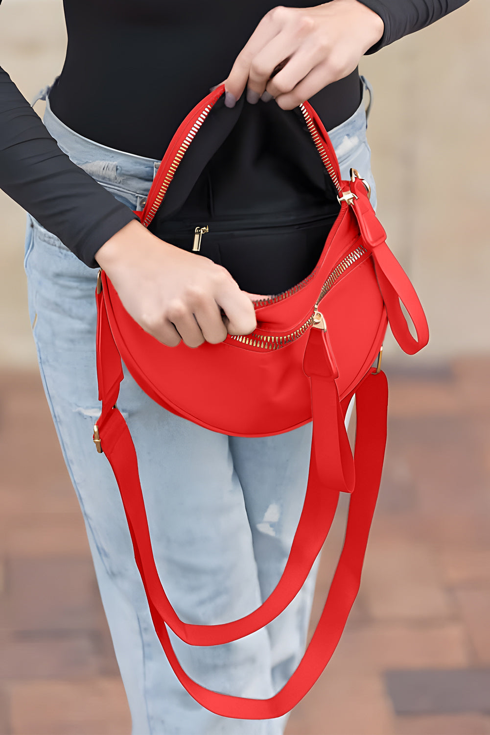 Light Blue Double Zip Crescent Shape Adjustable Sling Bag
