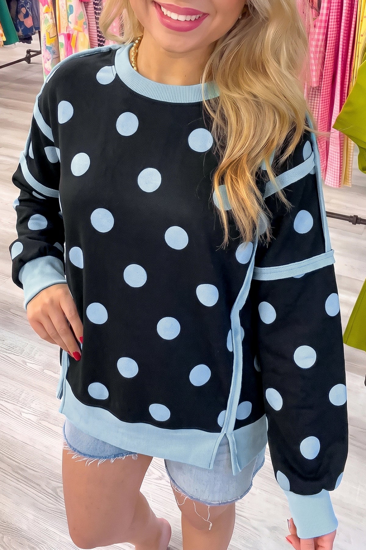 Yellow Polka Dot Contrast Patchwork Round Neck Baggy Sweatshirt