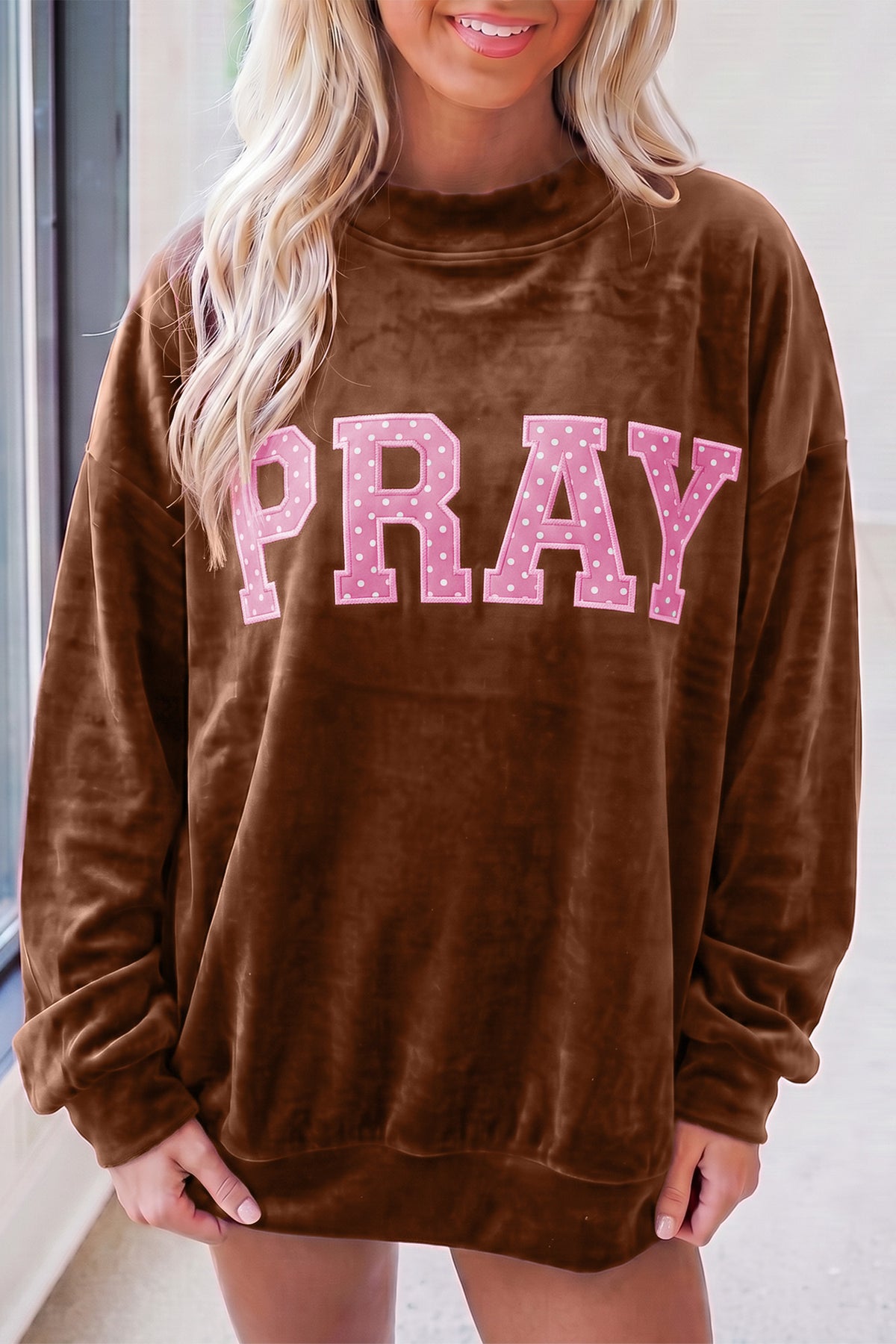 Coffee PRAY Embroidery Velvet Long Sleeve Sweatshirt