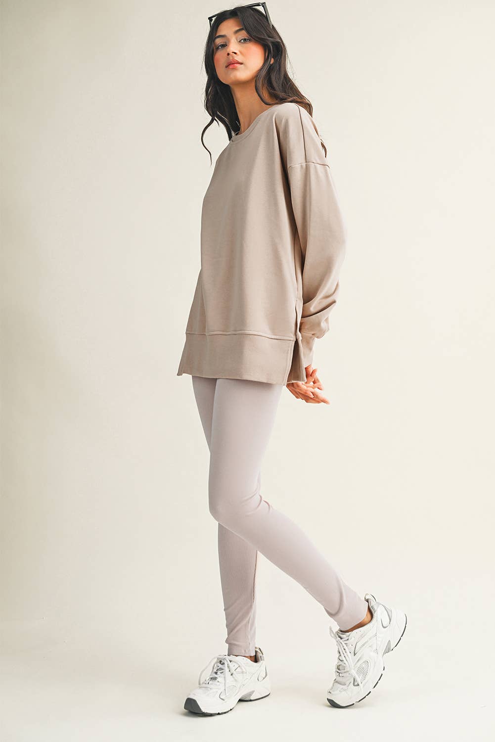 LDC Solid Color Slit Sweatshirt Ribbed Leggings 2pcs Set: Orchid Mist / XL