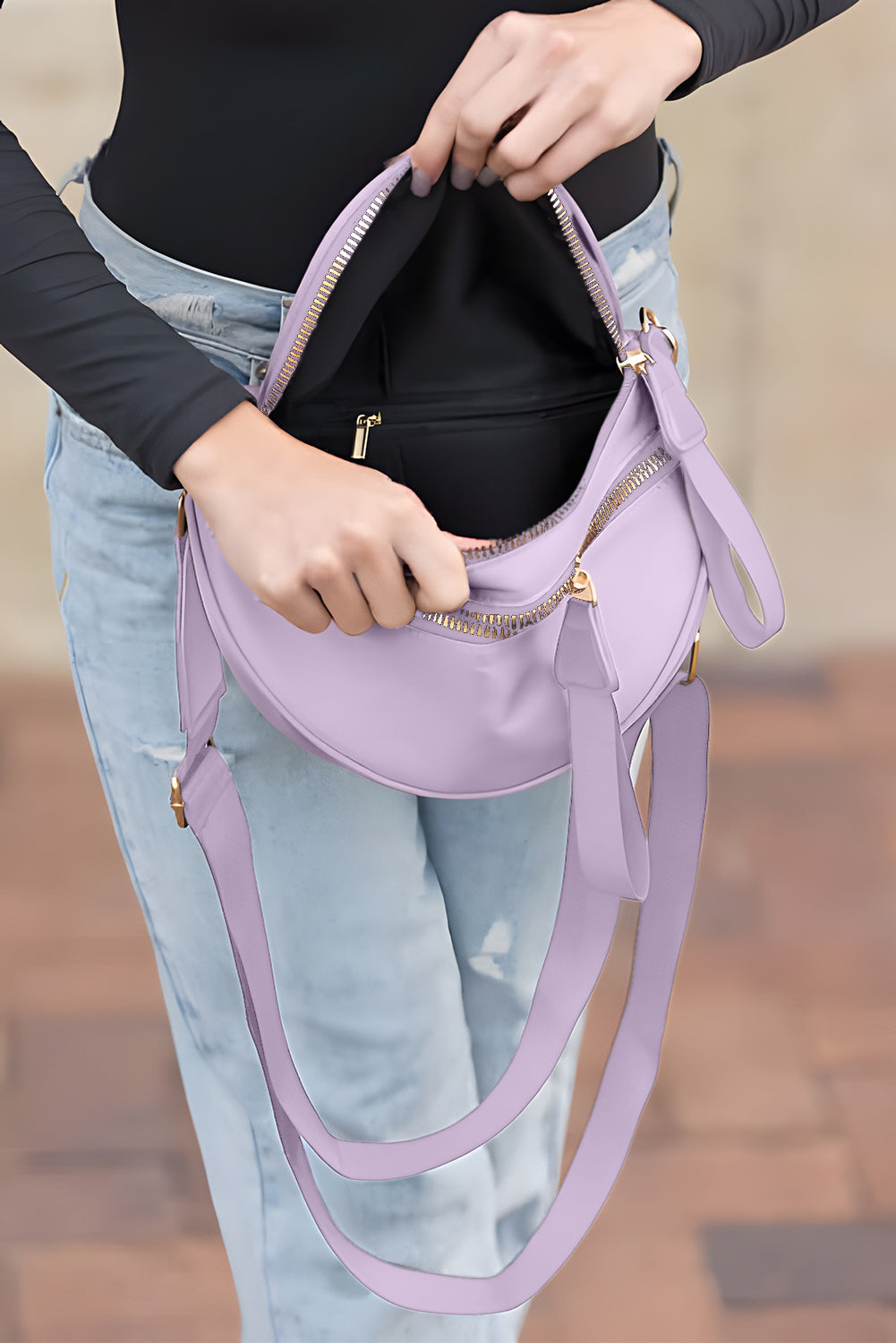 Light Blue Double Zip Crescent Shape Adjustable Sling Bag