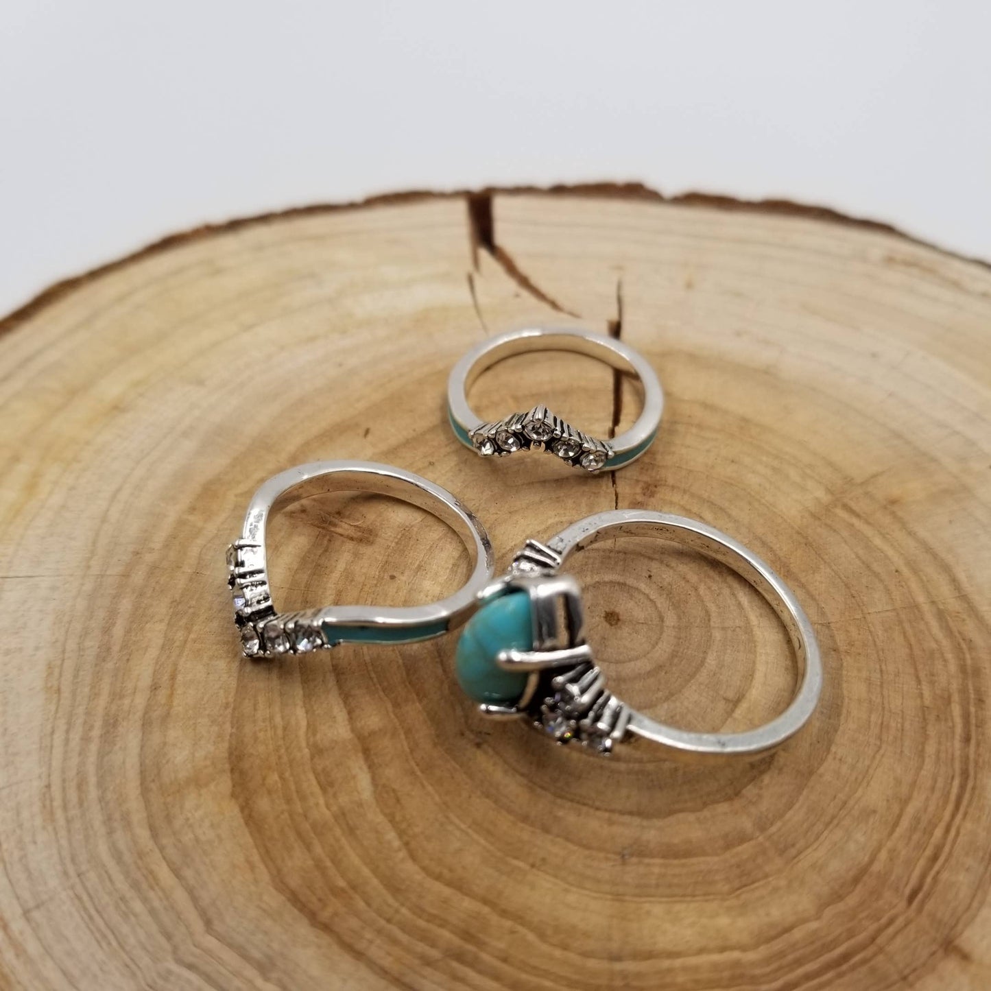 Silver Vintage Turquoise & Diamond Ring Set Of 3: 6