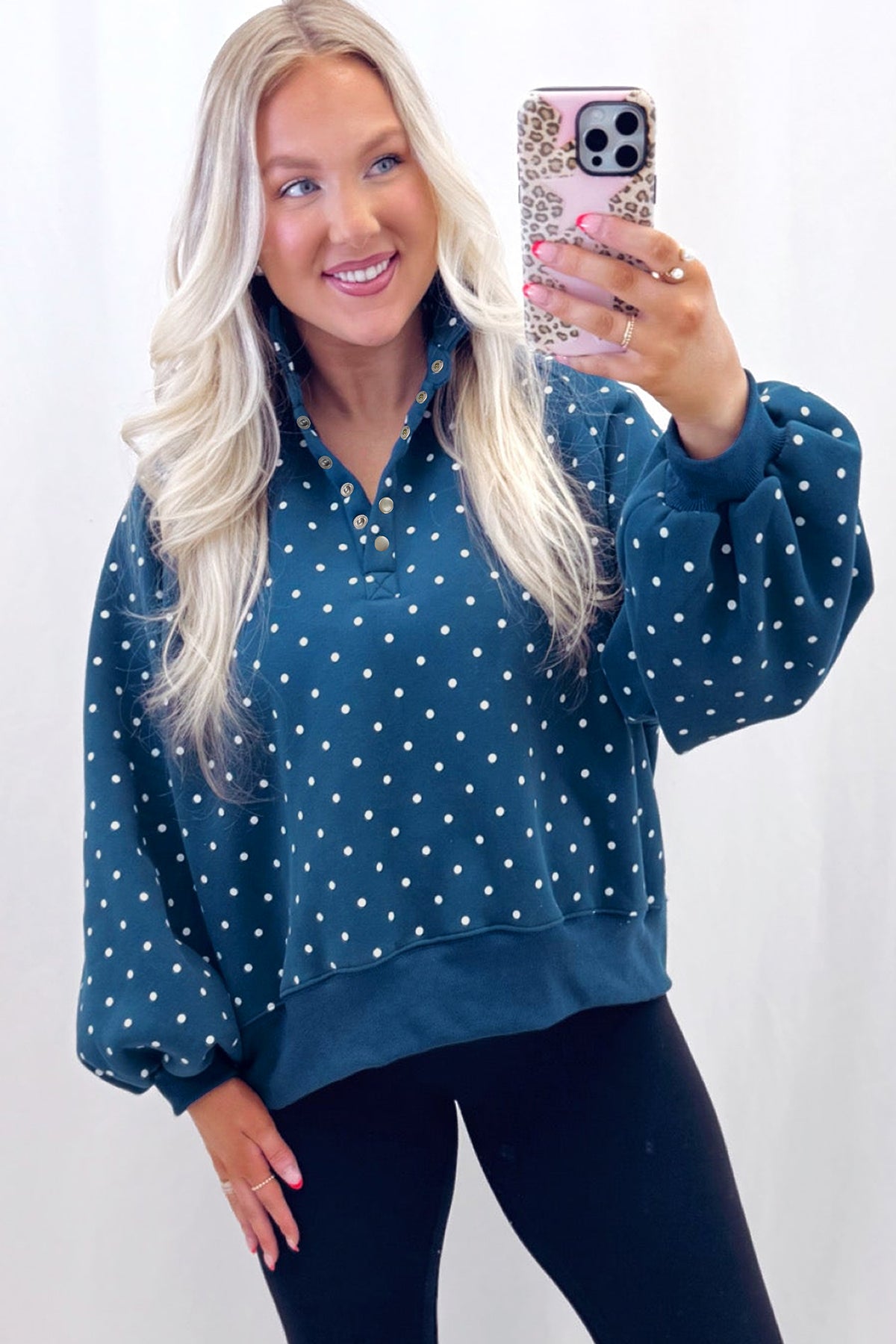 White Polka Dot Print Metal Button Collar Casual Pullover Sweatshirt