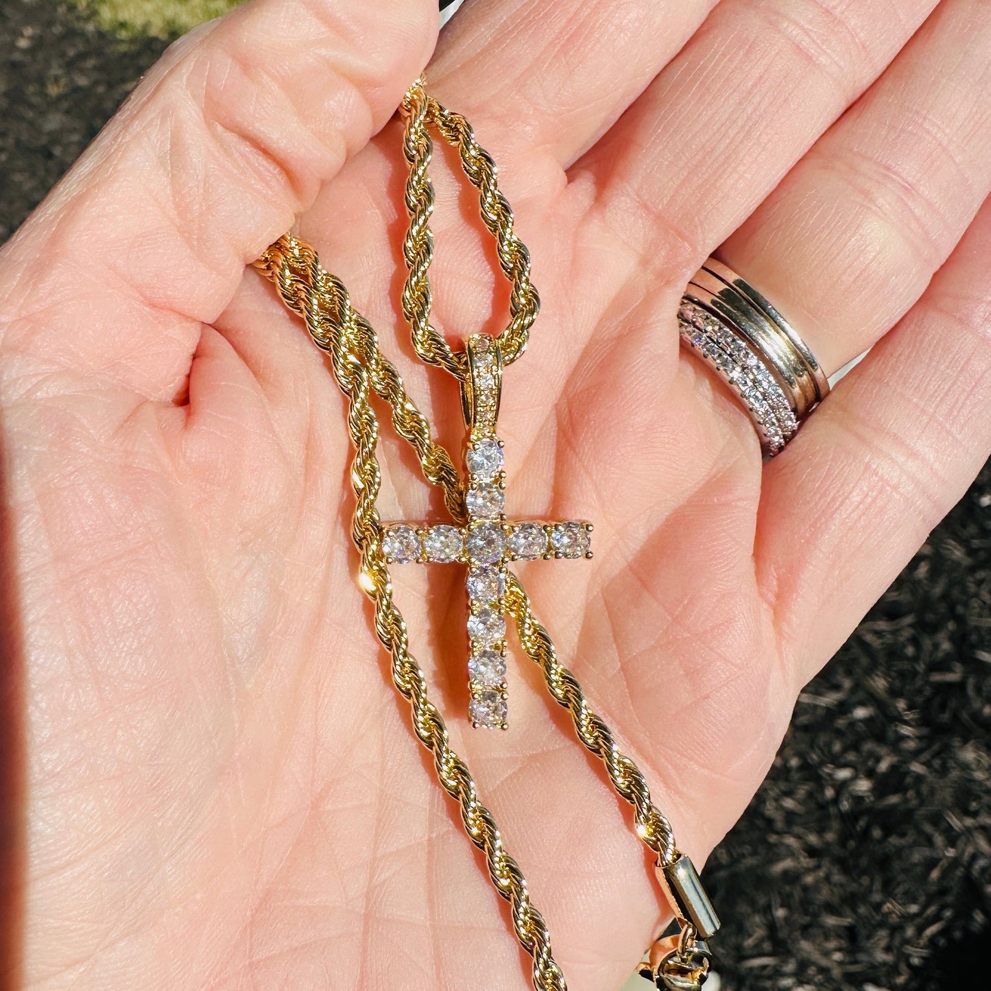 Angela Gold Rope Cross Necklace- 22"
