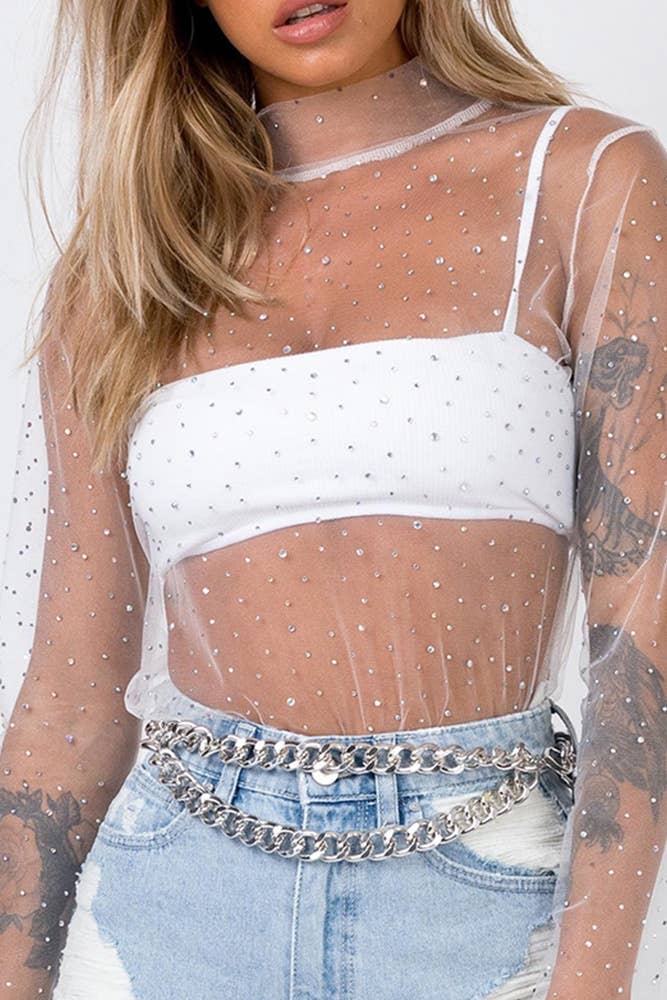 See Through Sheer Mesh Sequin Underwear Top ZZKF818: White / M