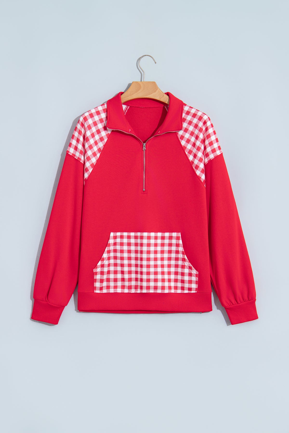 Pink Patchwork Plaid Pocket Quarter Zip Sweatshirt