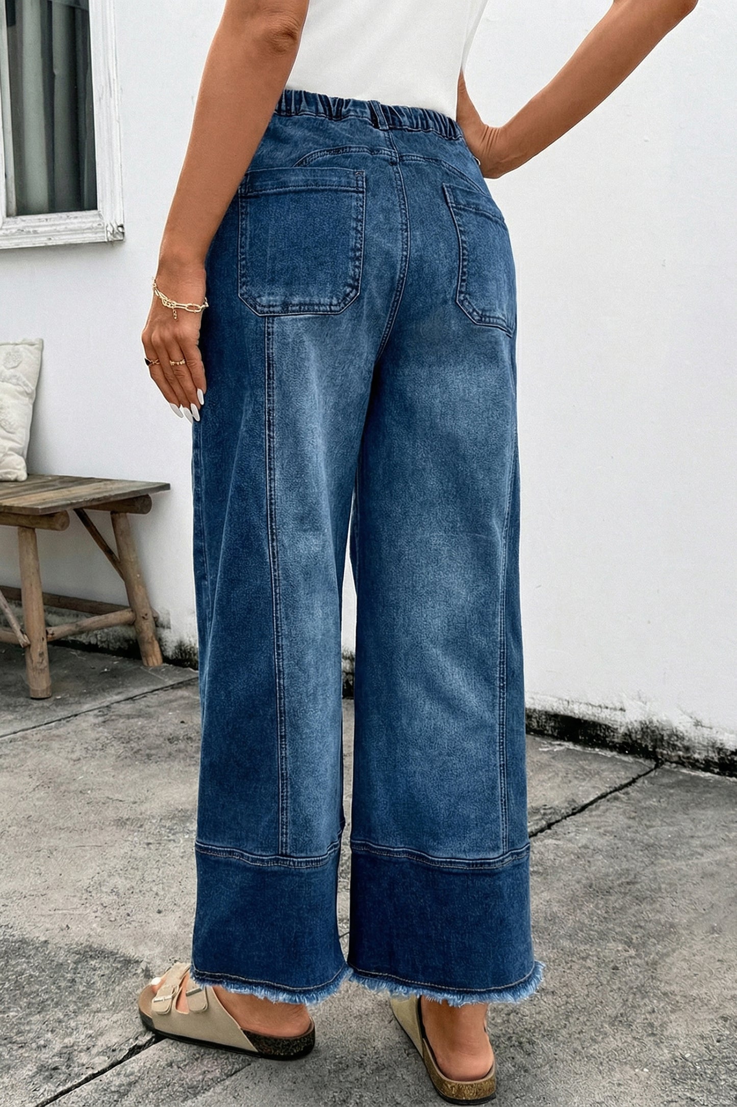 Prussian Blue Drawstring Seam Detail Raw Hem Wide Leg Denim Pants