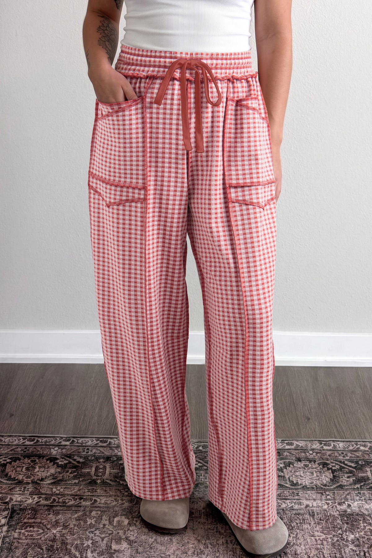 Brown Plaid Contrast Trim Drawstring Elastic Waist Shift Pants