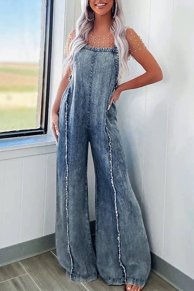 Washed Raw Hem One Piece Wide Leg Jumpsuit Overall YYNZ020: Light Blue / L