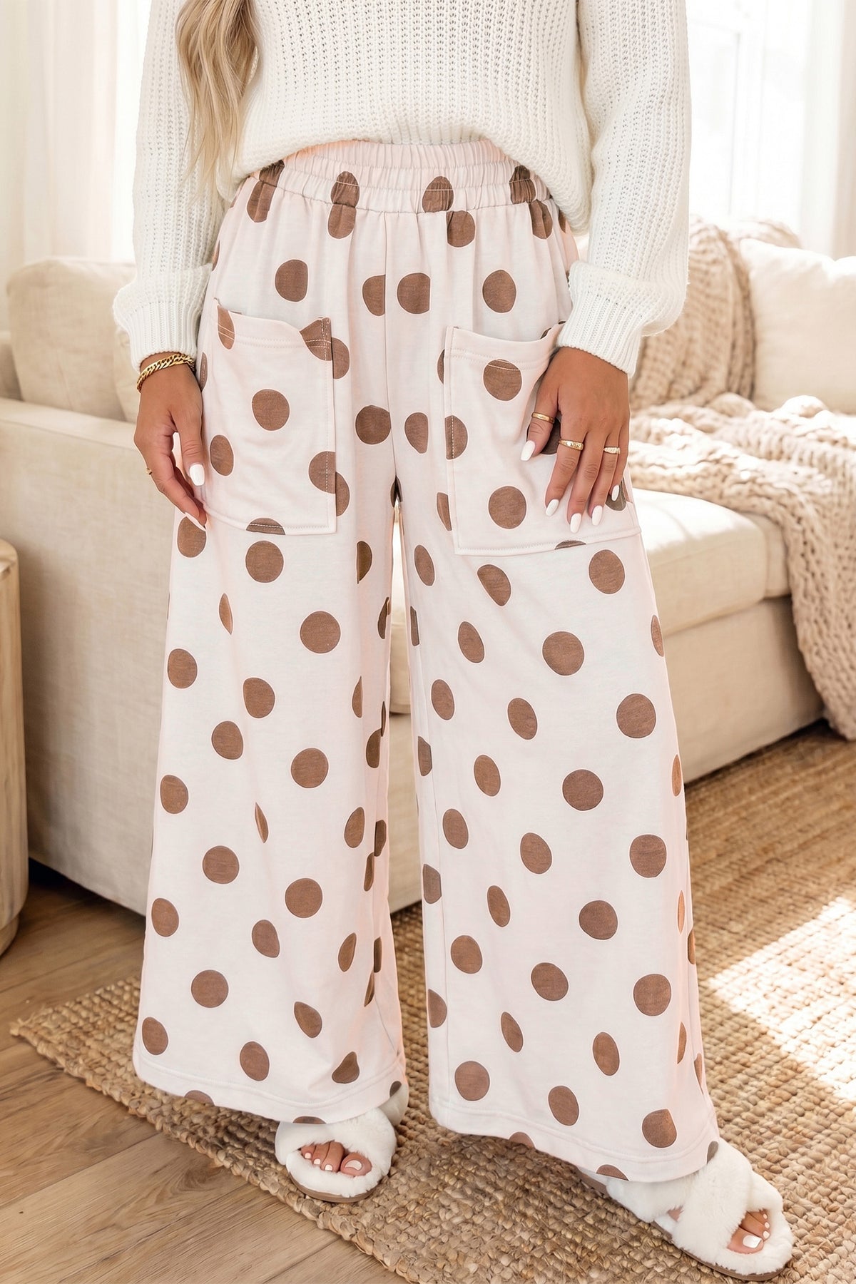 Burgundy Polka Dot Wide Leg Elastic Waist Casual Pants
