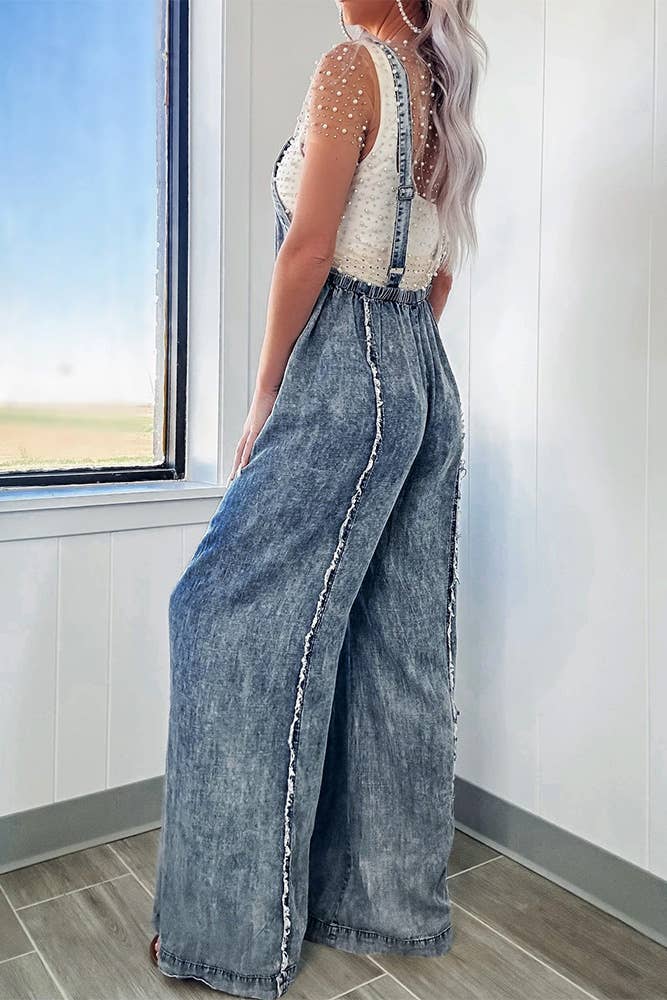 Washed Raw Hem One Piece Wide Leg Jumpsuit Overall YYNZ020: Light Blue / M