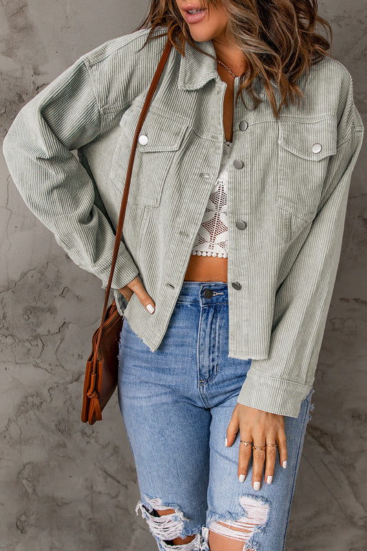 Sky Blue 100% Cotton Raw Hem Flap Pockets Cropped Corduroy Jacket