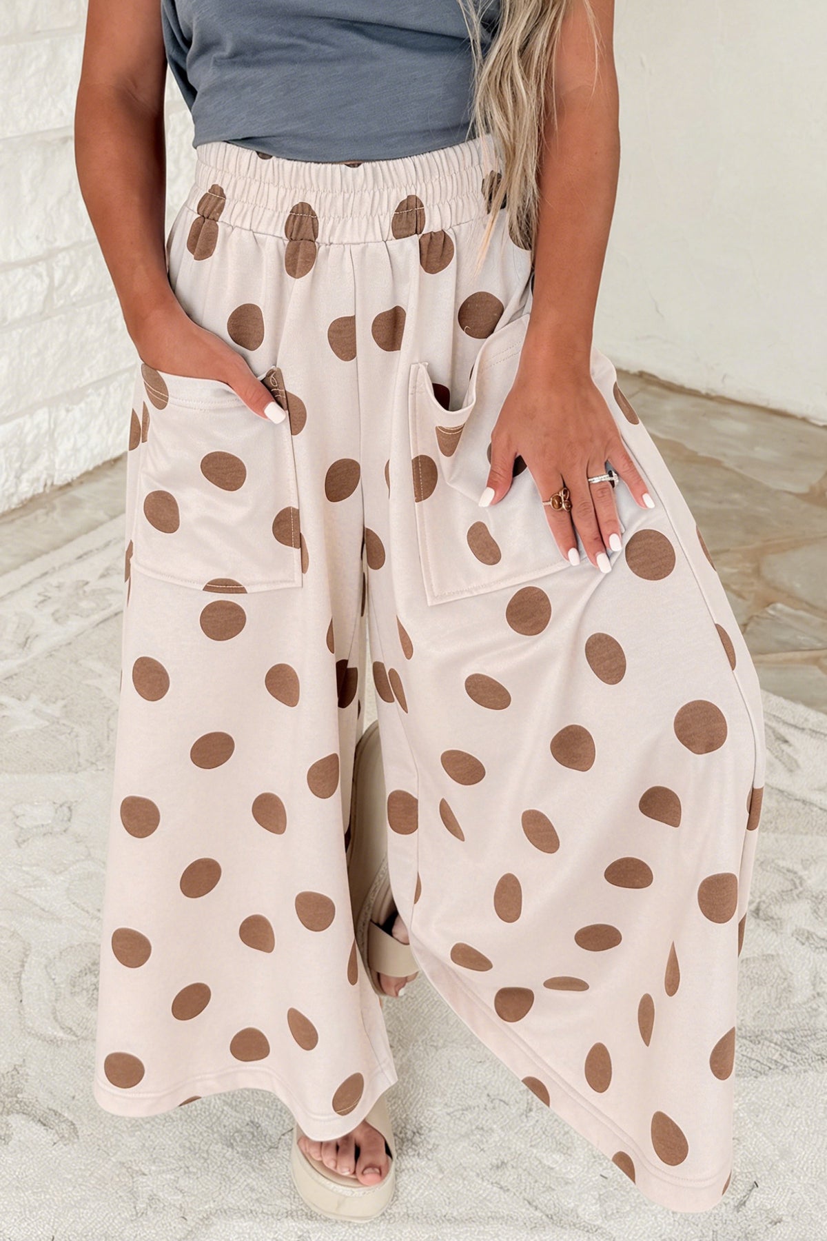 Burgundy Polka Dot Wide Leg Elastic Waist Casual Pants
