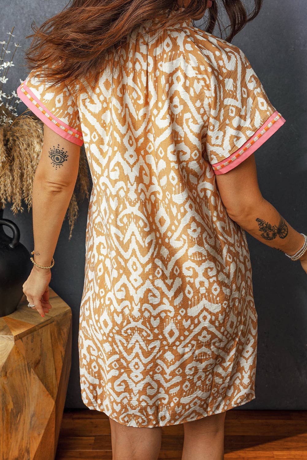 Khaki Western Fashion Print Striped Color Block Patchwork Shift Mini Dress: Khaki / 89%Viscose+11%Polyamide / S